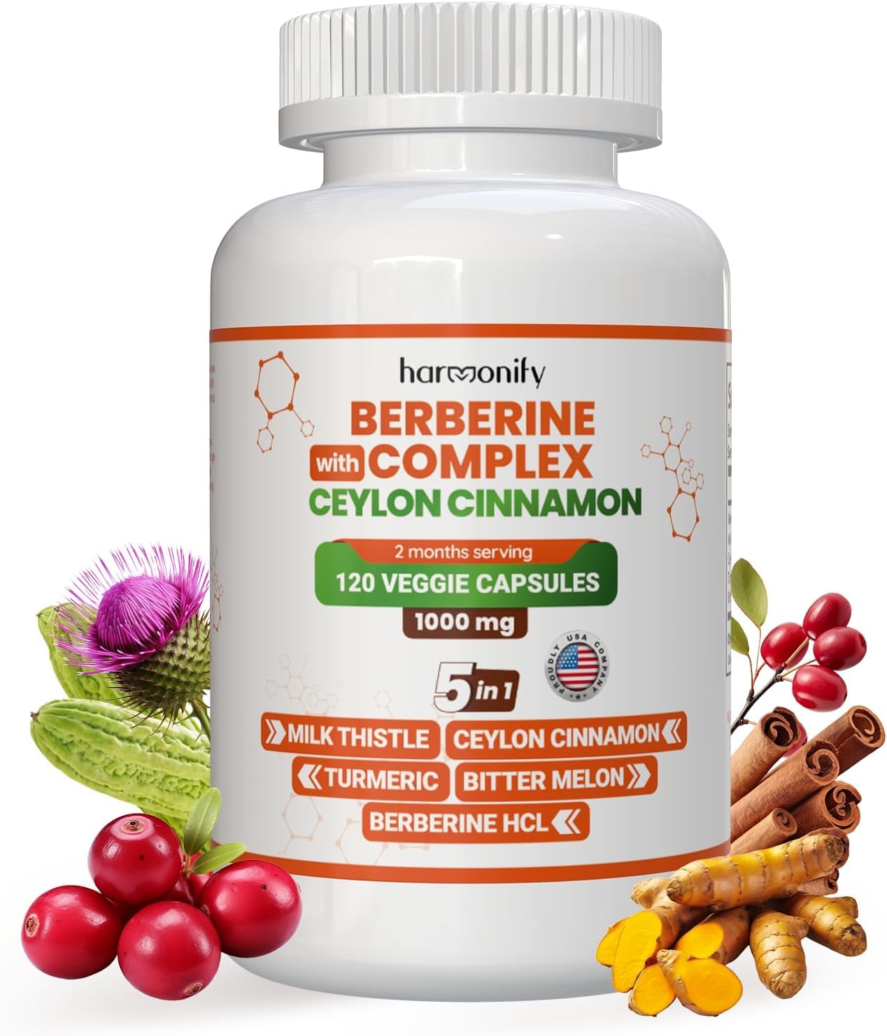 HARMONIFY Berberine Supplement with Ceylon Cinnamon, Milk Thistle, Turmeric, Bitter Melon Complex, 120 Capsules