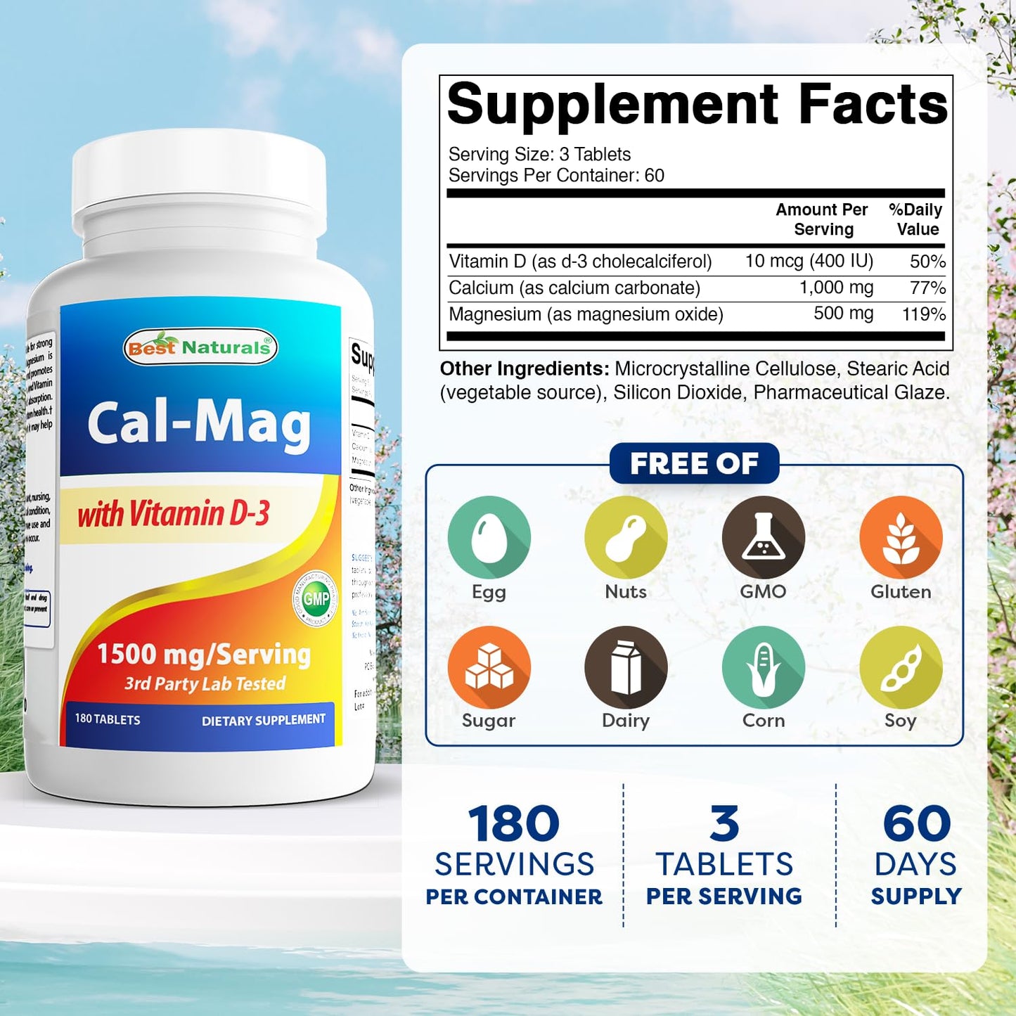 Best Naturals Calcium Magnesium with Vitamin D3 1500mg Tablets, 180 Tablets
