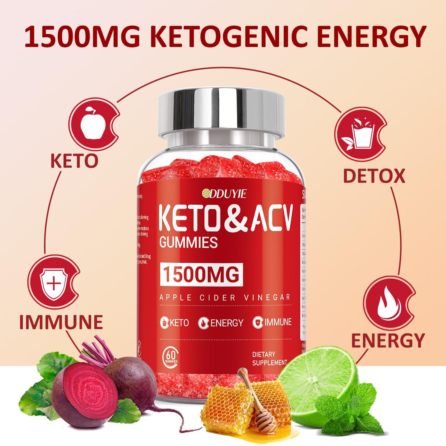 DDUYIE Keto ACV Gummies 1500mg for Weight Loss with Pomegranate Beetroot & Vitamin B12 B6, 60 Gummies