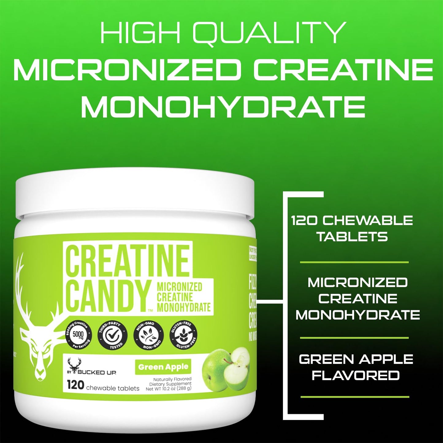 Bucked Up Creatine Candy Green Apple Tablets, 24 Count