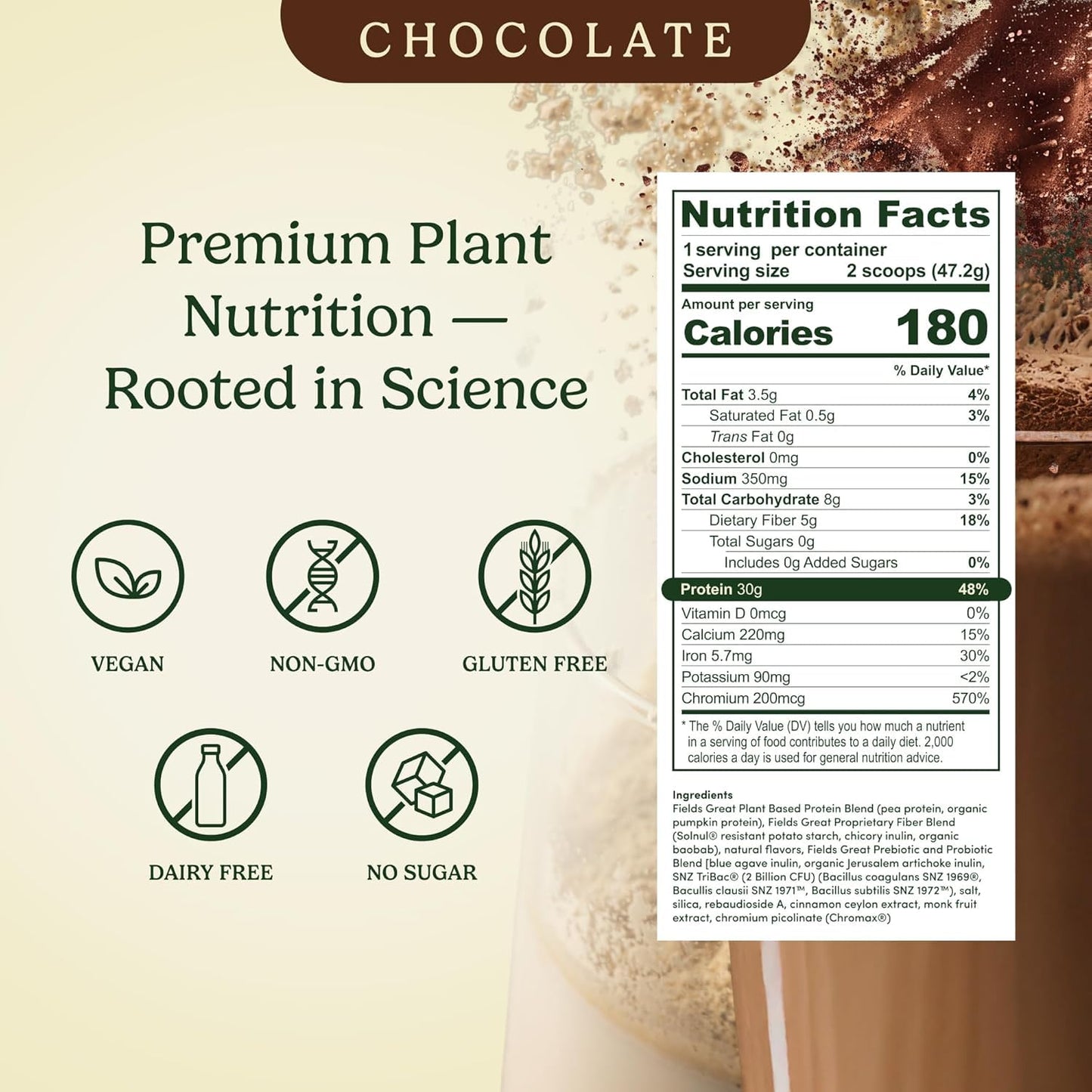 Field's Great Plant-Based Protein with Fiber Protein Powder, Chocolate, 6.8 oz (Pack of 4)