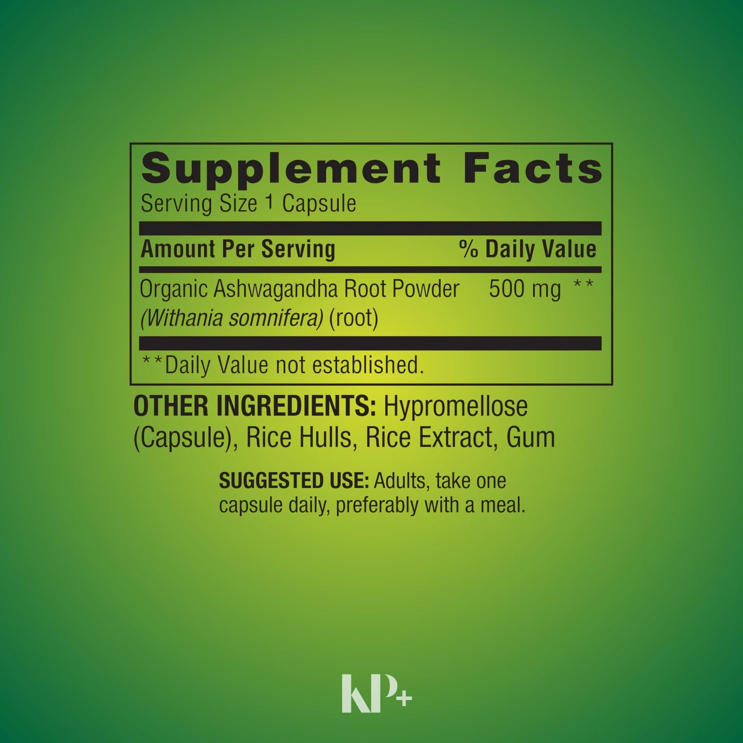 KP+ Ashwagandha Root Powder 500 mg Capsules, 120 Count