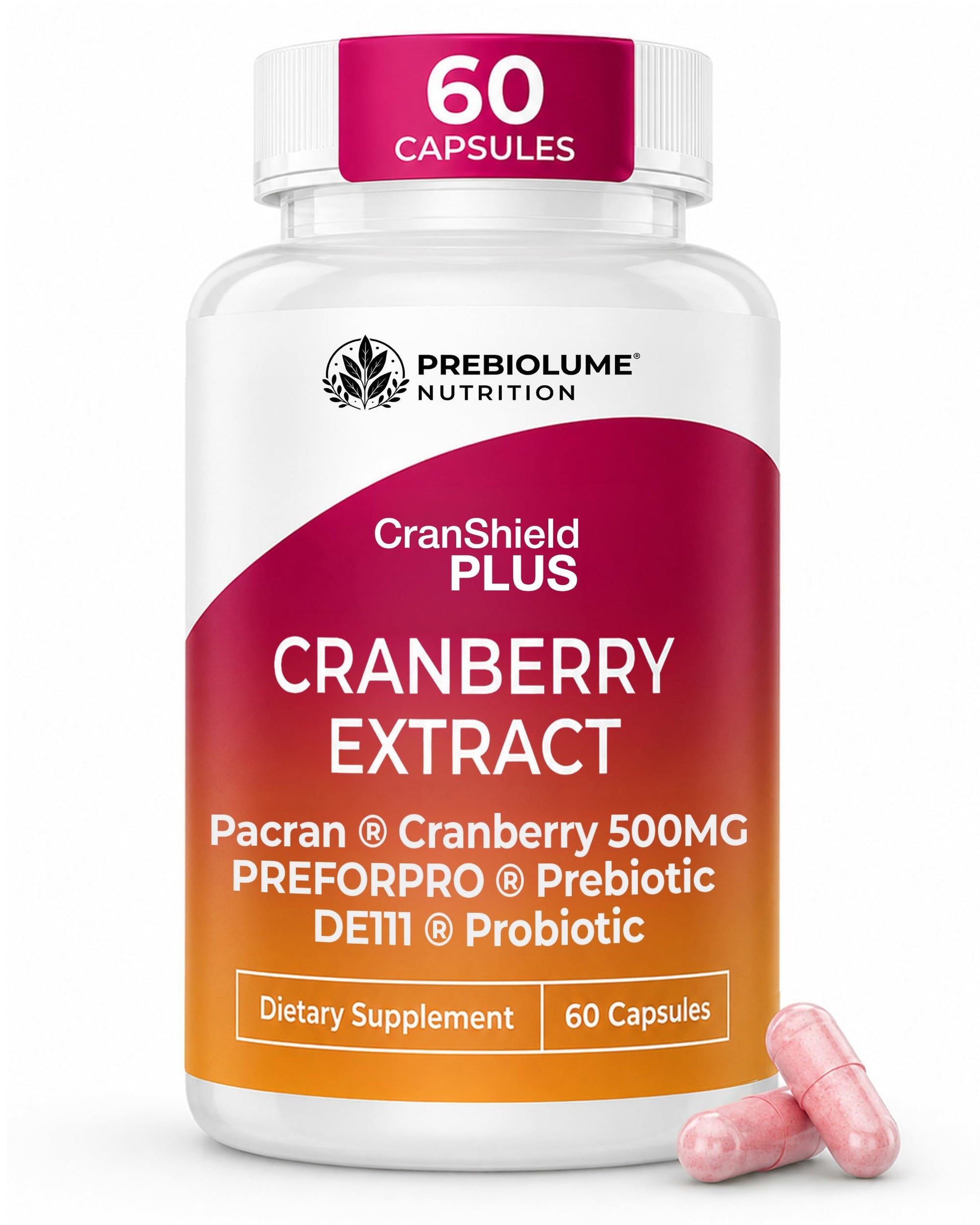 Prebiolume Cranberry Pills for Women Urinary Tract & Digestion Supplement Pacran® Cranberry Extract 500mg with DE111® Probiotics & PreforPro® Prebiotics Blend Capsule 30 Count