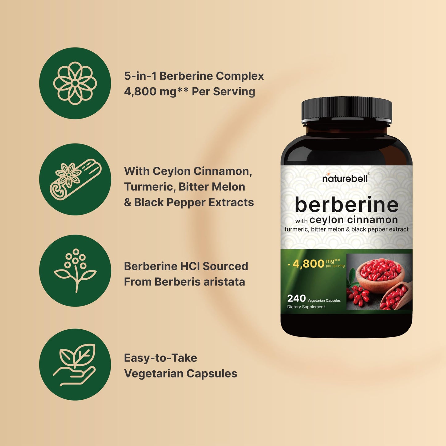 NatureBell Berberine with Ceylon Cinnamon Complex 4,800 mg Per Serving Capsules, 240