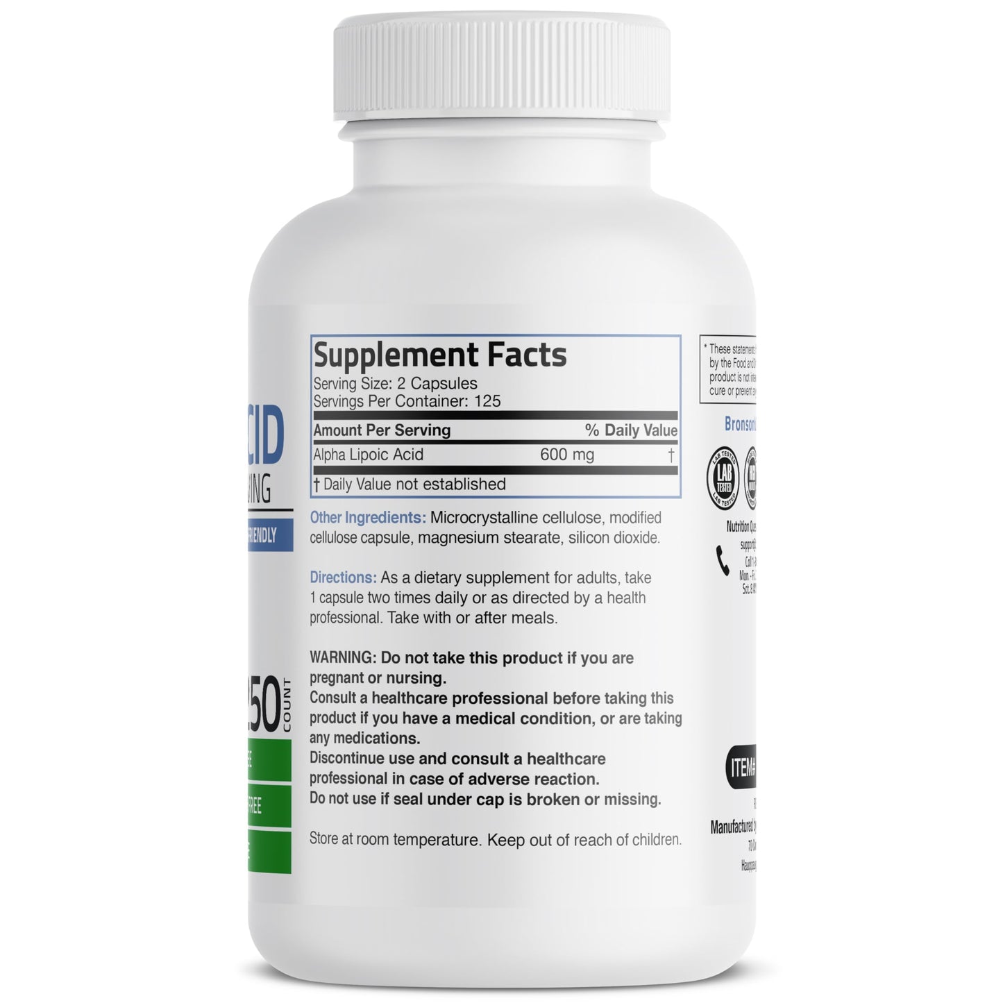 Bronson Alpha Lipoic Acid 600 mg Glucose Metabolism Support Capsules, 250