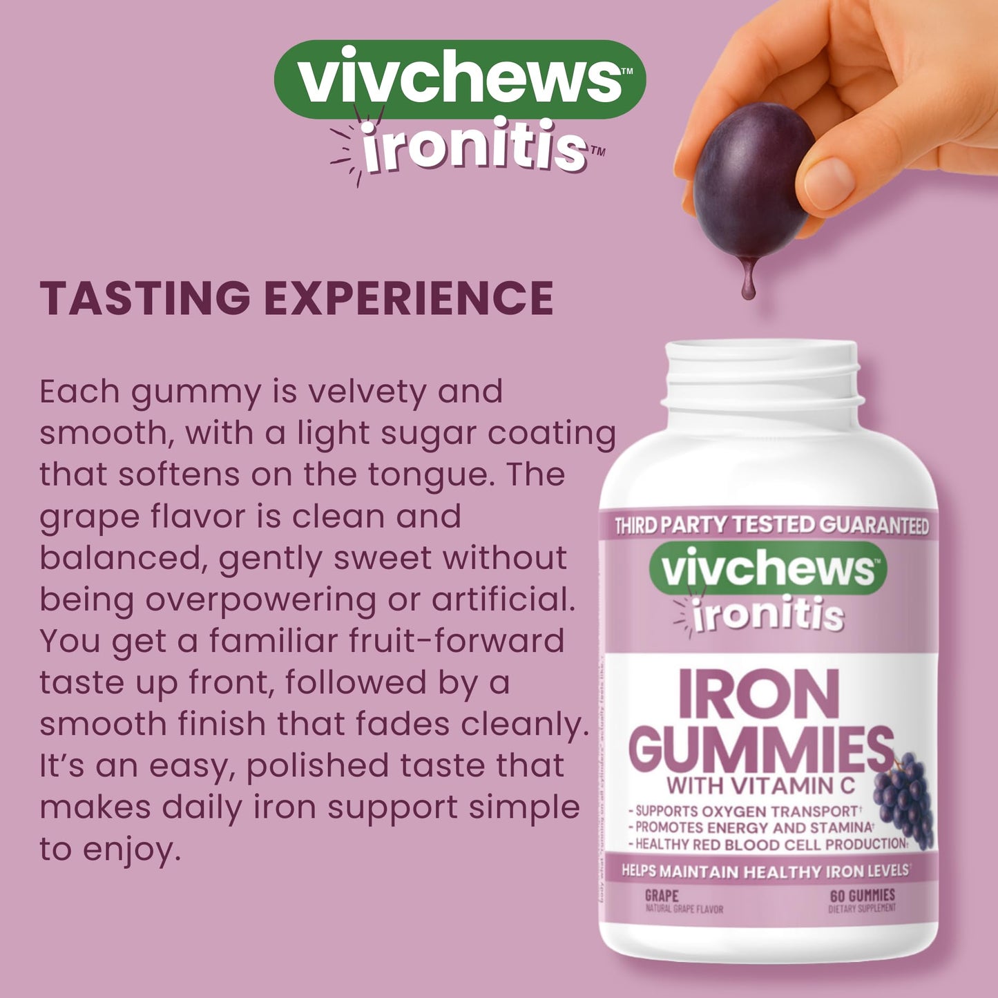 Vivchews Iron Gummies with Vitamin C 20 mg Iron (Ferrous Fumarate), 60 Count