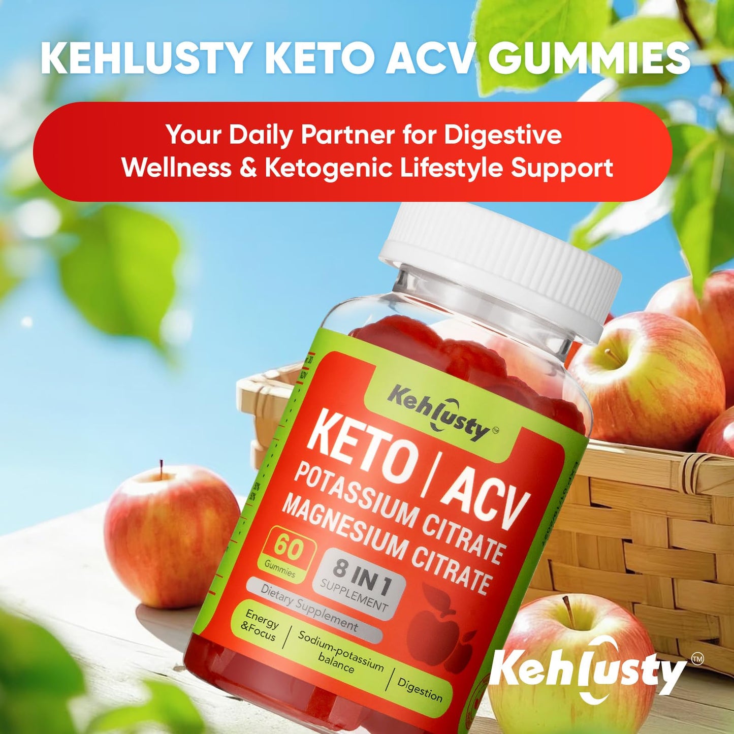 KEHLUSTY Keto ACV Gummies Advanced for Weight Loss Support, 60 Count