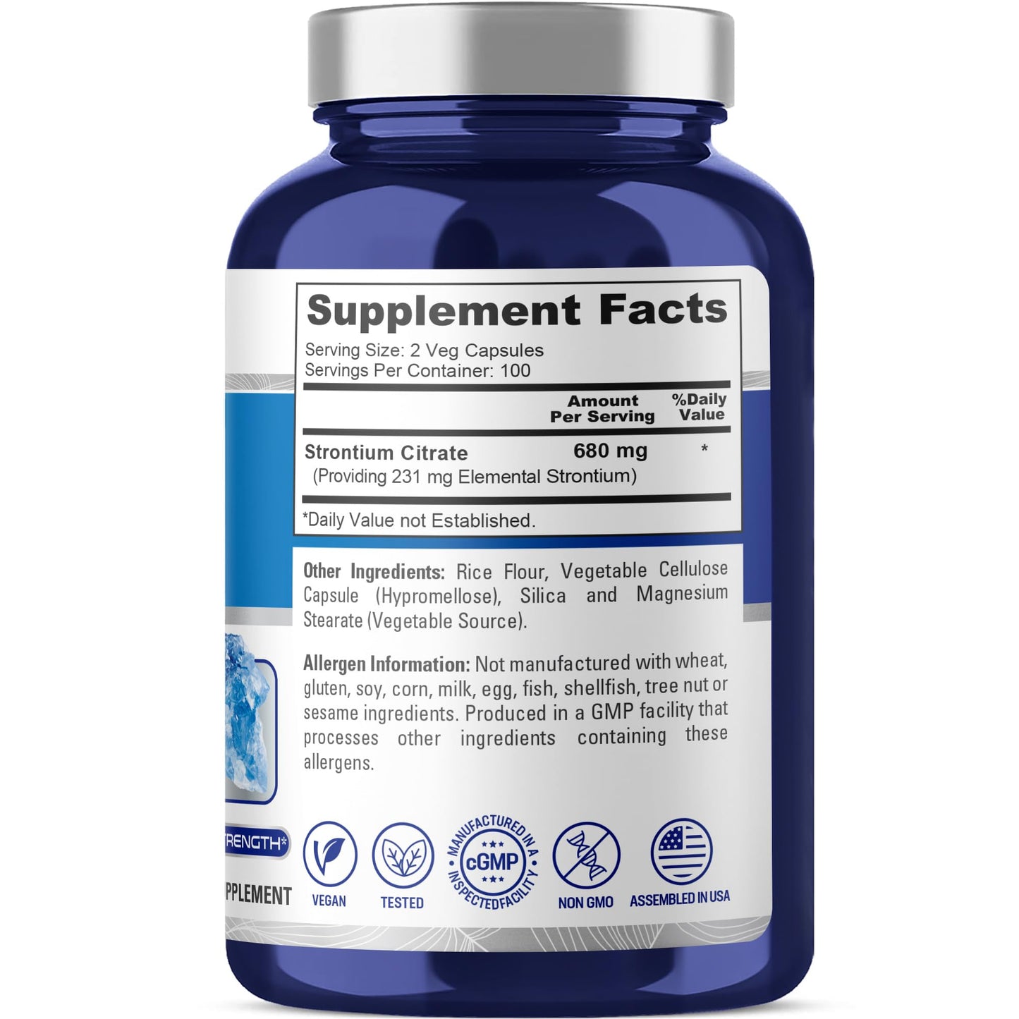 NusaPure Strontium Citrate Capsules, 680mg, Non-GMO Vegan, 200 Veggie Capsules