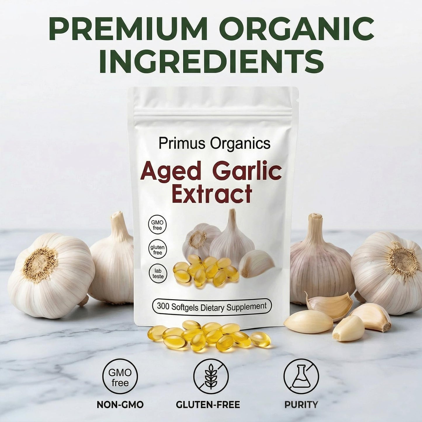 Primus Organics Aged Garlic Extract Softgels, 300 Softgels