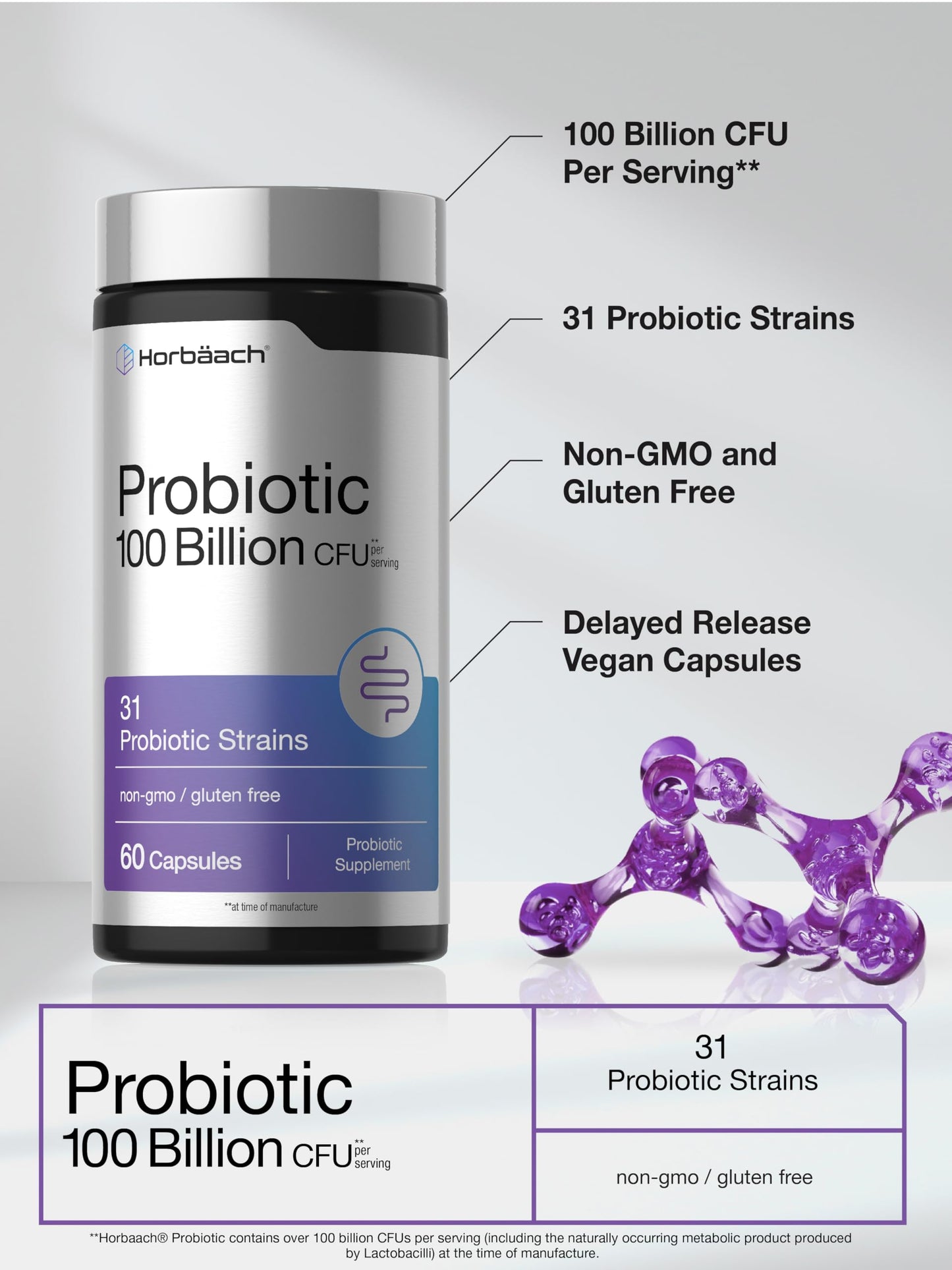 Horbäach Probiotic 100 Billion CFU, 31 Probiotic Strains Capsules, 60 Count