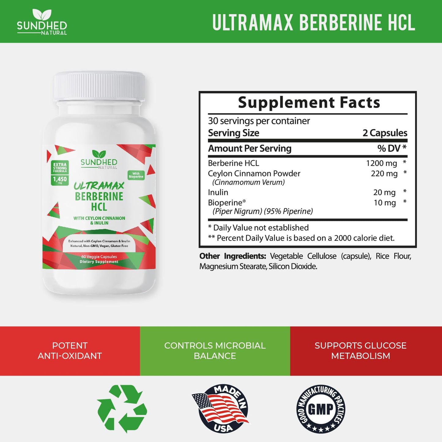 Sundhed Natural Ultramax Berberine HCL with Ceylon Cinnamon Capsules 60 Count