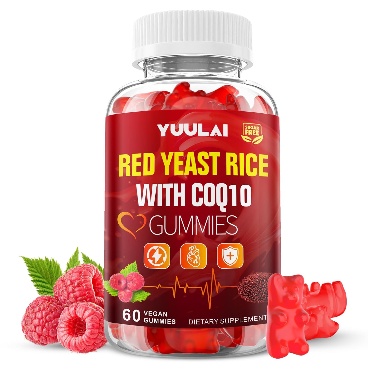 YUULAI Red Yeast Rice with Coq10 Gummies, Red Yeast Rice Supplement for Overall Health, Sugar Free, Vegan, Raspberry Flavor, 60 Count