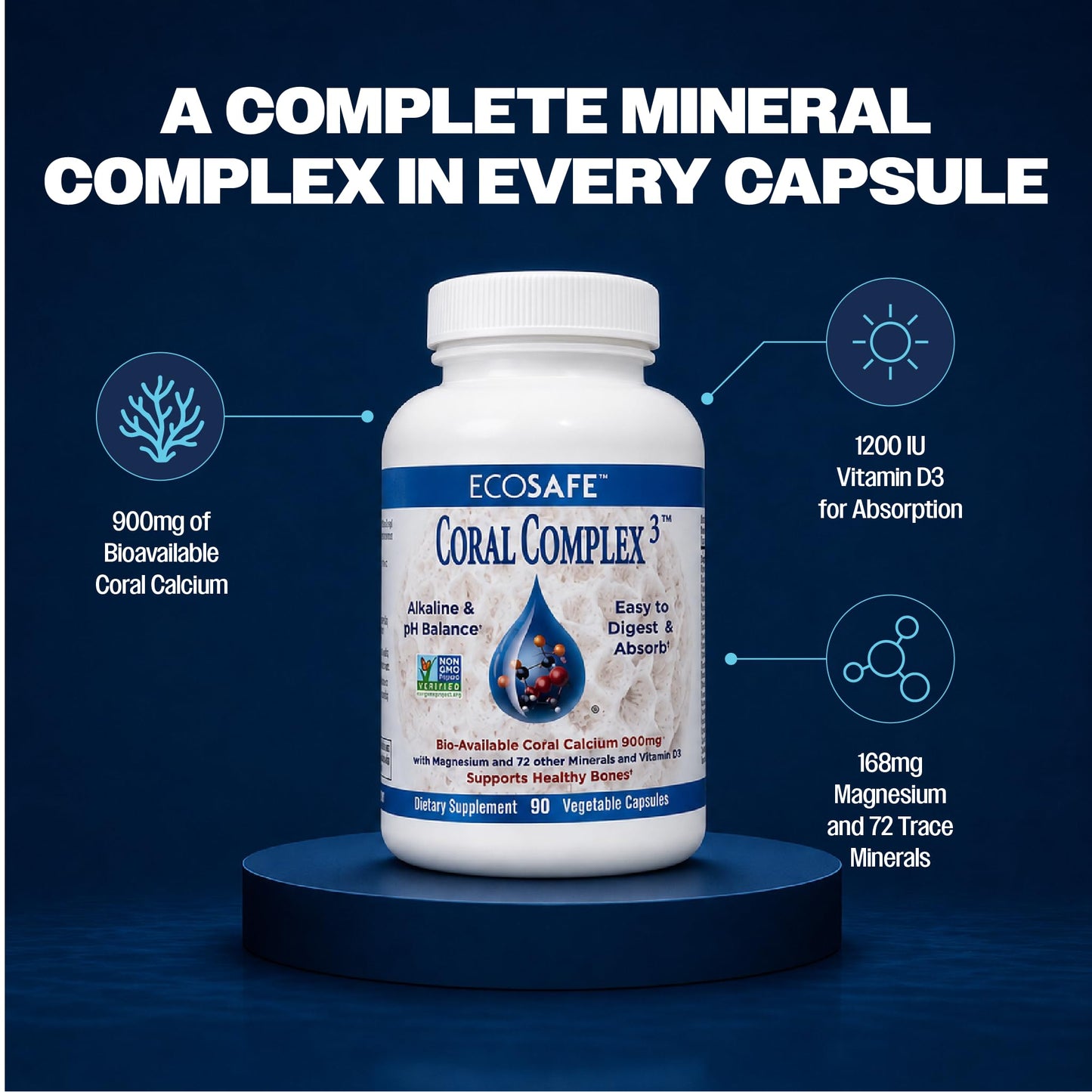 Coral White Coral Complex 3 Calcium Supplement Vitamin D3 & Magnesium 900 mg Bioavailable Coral Calcium for Bone Strength, Joint Support & pH Balance, Trace Minerals, Non-GMO, 180 Capsules