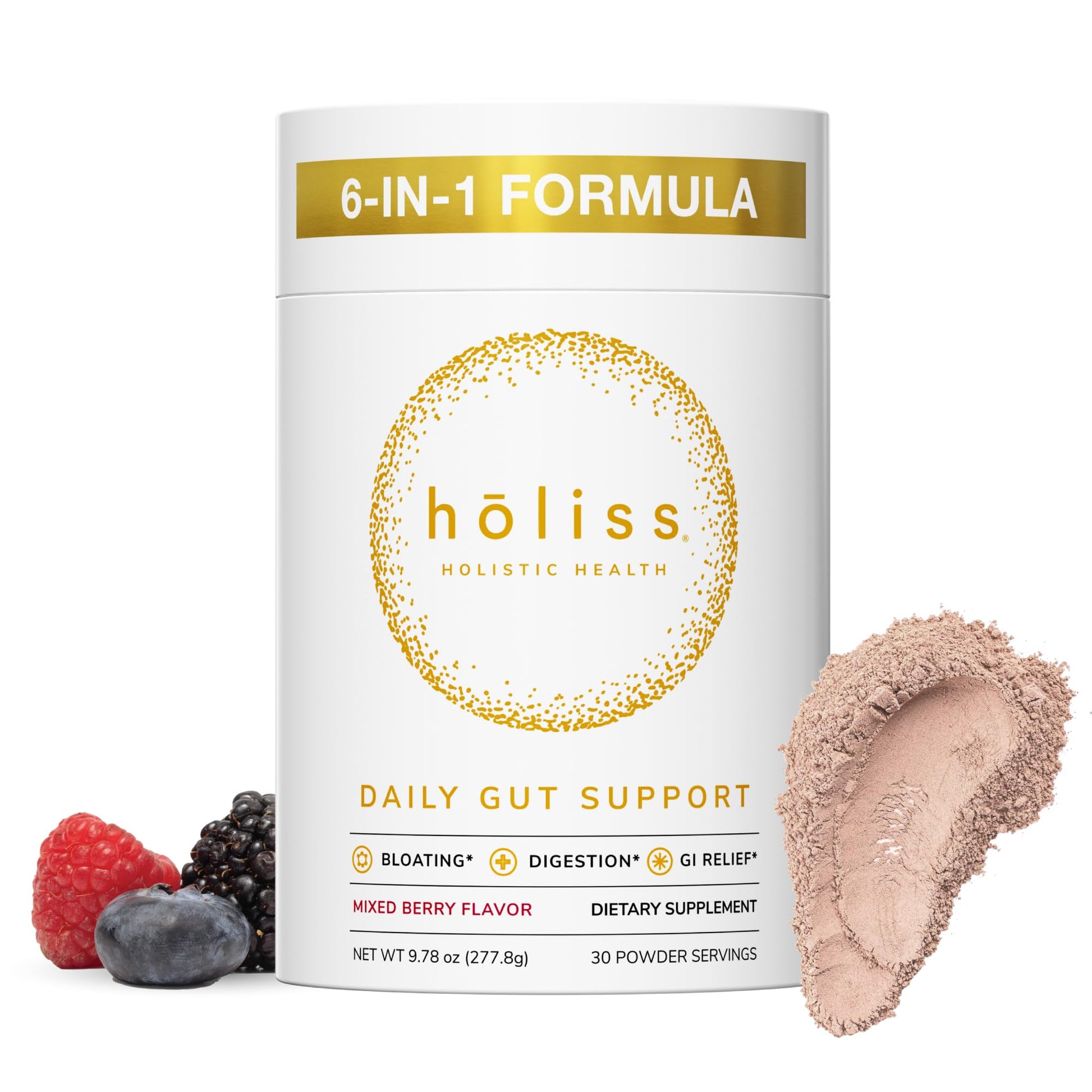 HOLISS Daily Gut Health Powder 6-in-1 All Natural Supplement, Slippery Elm, L Glutamine, Lemon Balm with PepZinGI - Bloat & Gas Relief, GI Lining Repair, IBS Support - Mixed Berry, 30 Servings