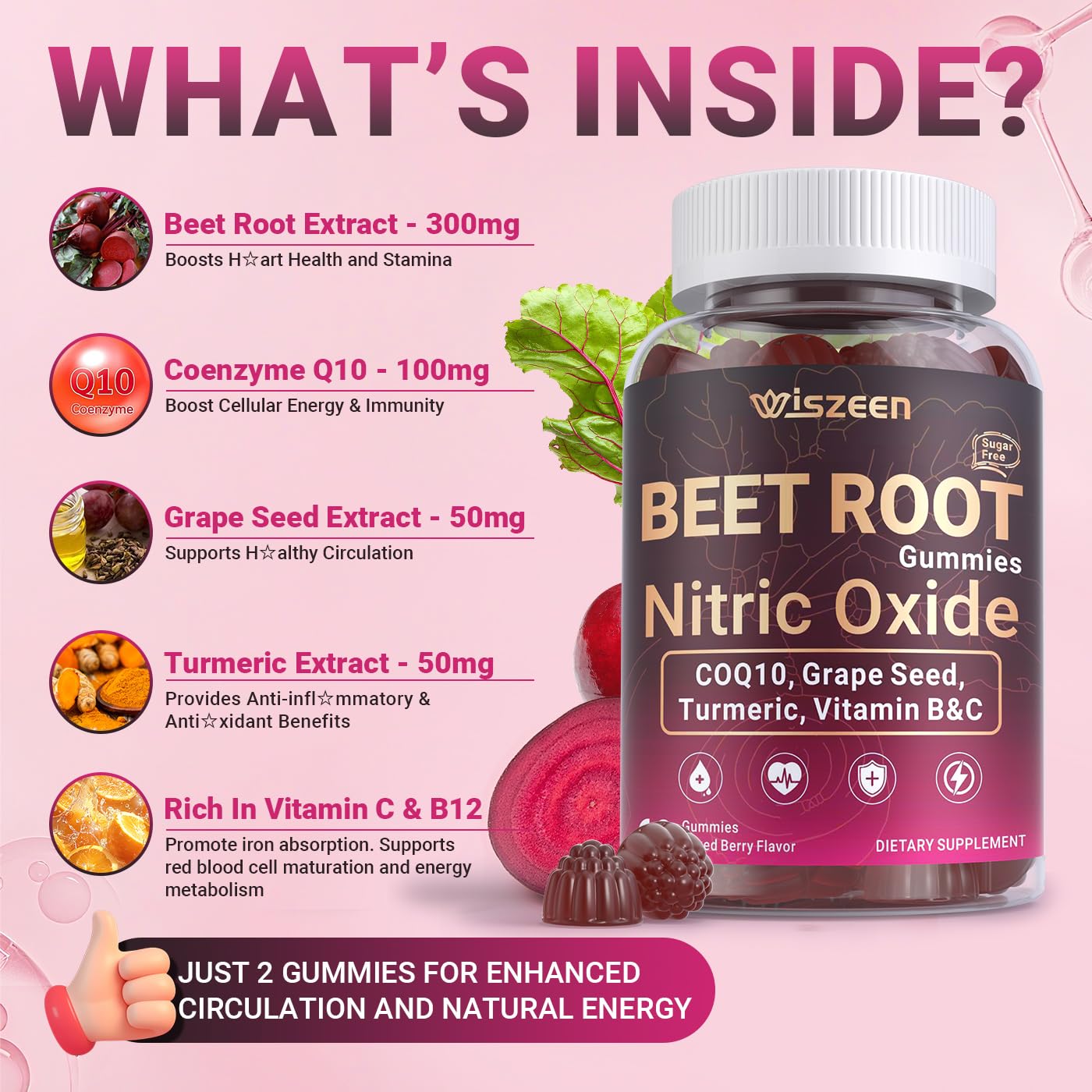 Wiszeen Beet Root Gummies, Nitric Oxide Supplements with COQ10, 60 Count