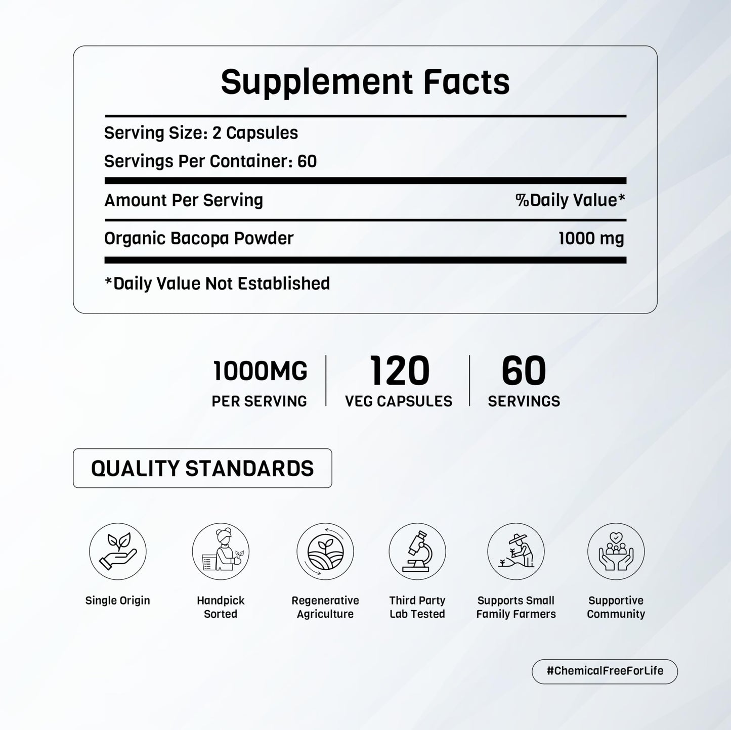 PADMURA Organic Bacopa Monnieri Leaf Powder Capsules, 120 Capsules