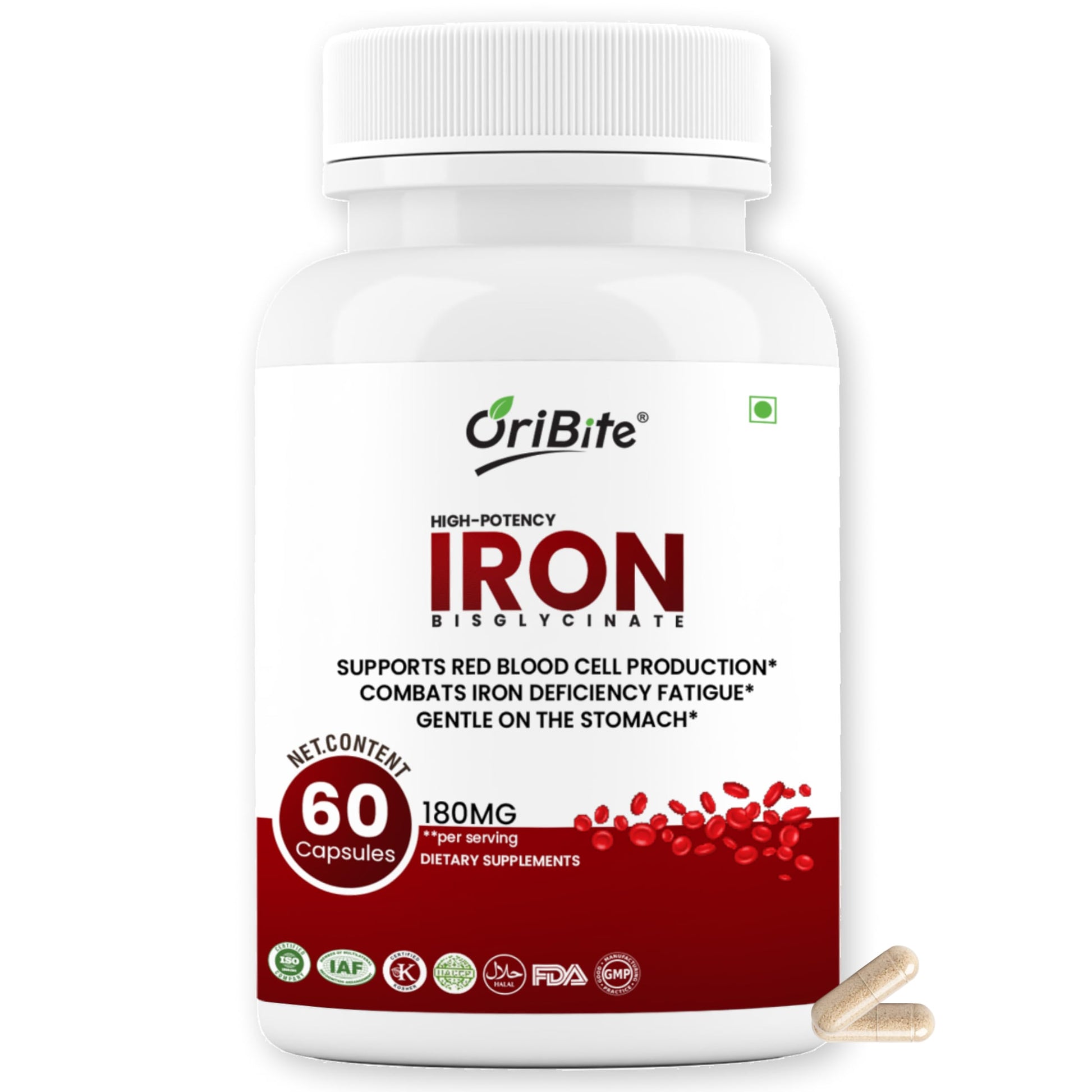 ORIBITE Iron Bisglycinate 180mg High Potency Iron Supplement – 60 Veg Capsules