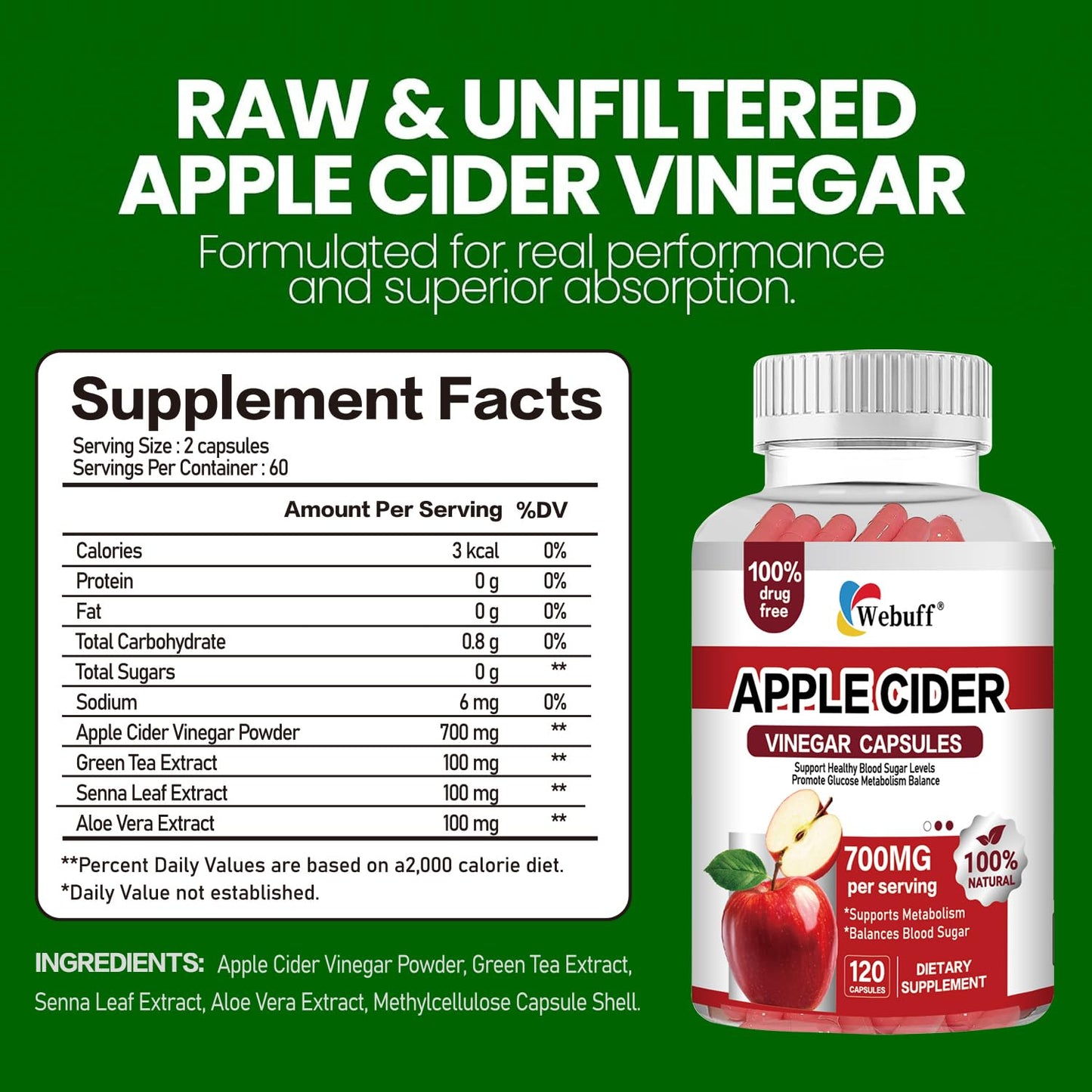 Webuff Apple Cider Vinegar 700mg with Mother Vegan, 240 Capsules