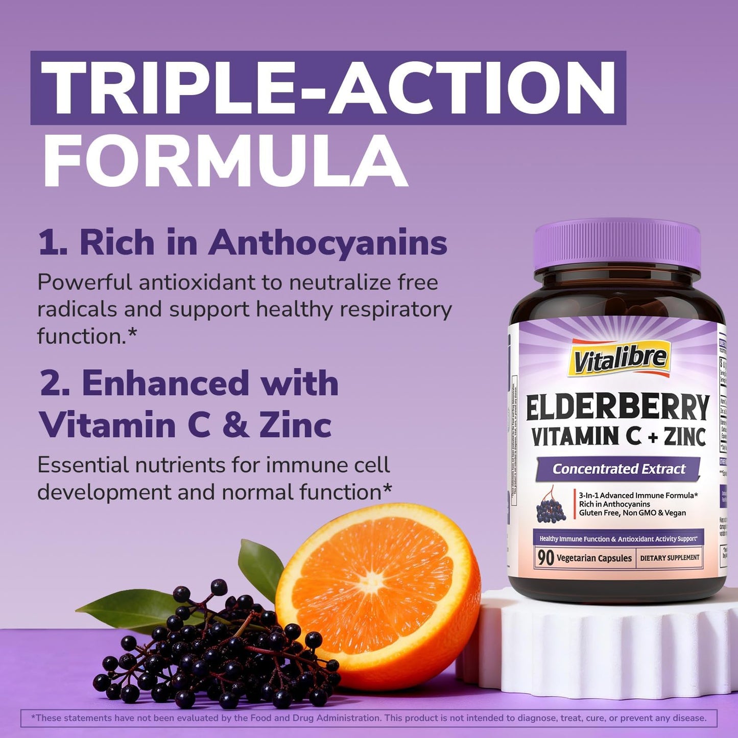 Vitalibre Elderberry Vitamin C and Zinc for Adults, Concentrated Elderberry Extract, 90 Capsules