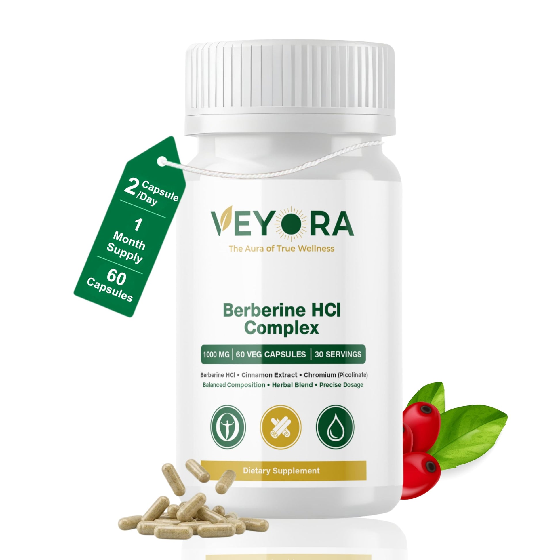 VEYORA Berberine HCl Complex 1000 mg, 60 Vegan Capsules