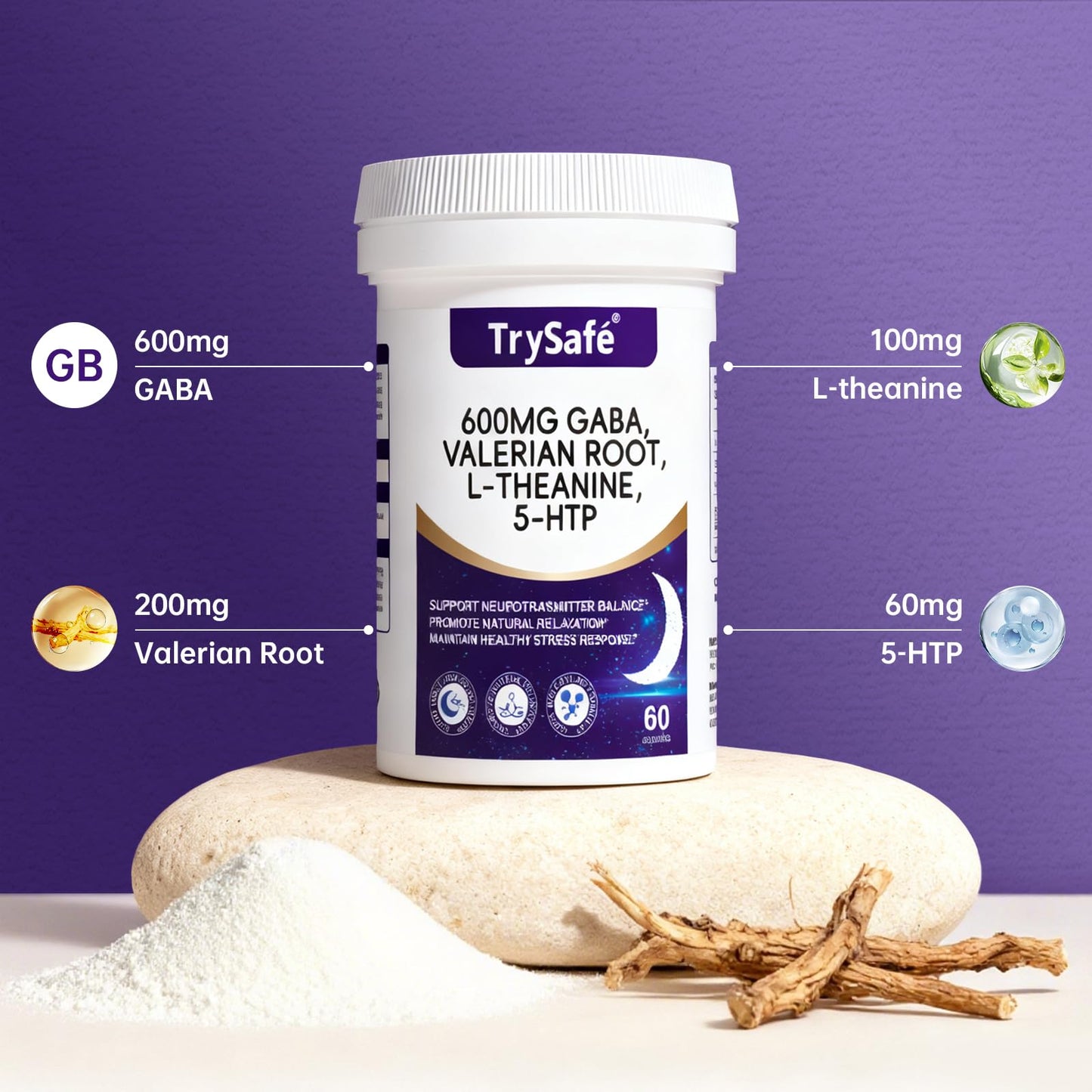 TrySafe 600mg GABA Sleep Aid Capsule, 60 Capsules