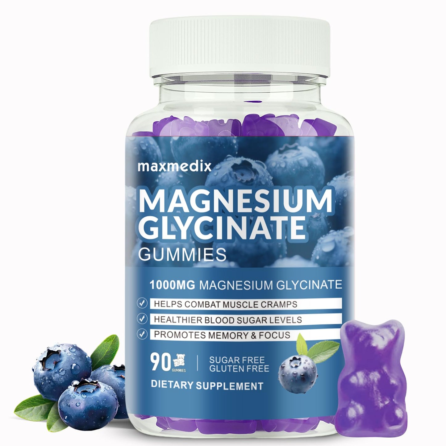 maxmedix Magnesium Glycinate Gummies 1000mg, 90 Count, Blueberry