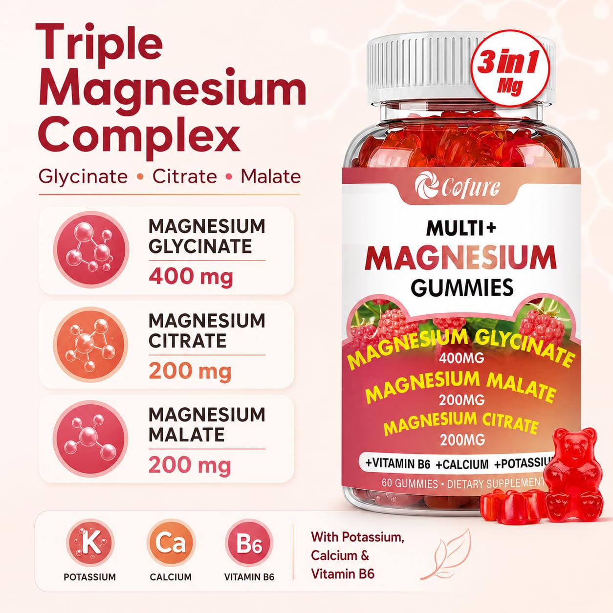 Cofure Magnesium Glycinate, Malate, Citrate Gummies, 120 Count