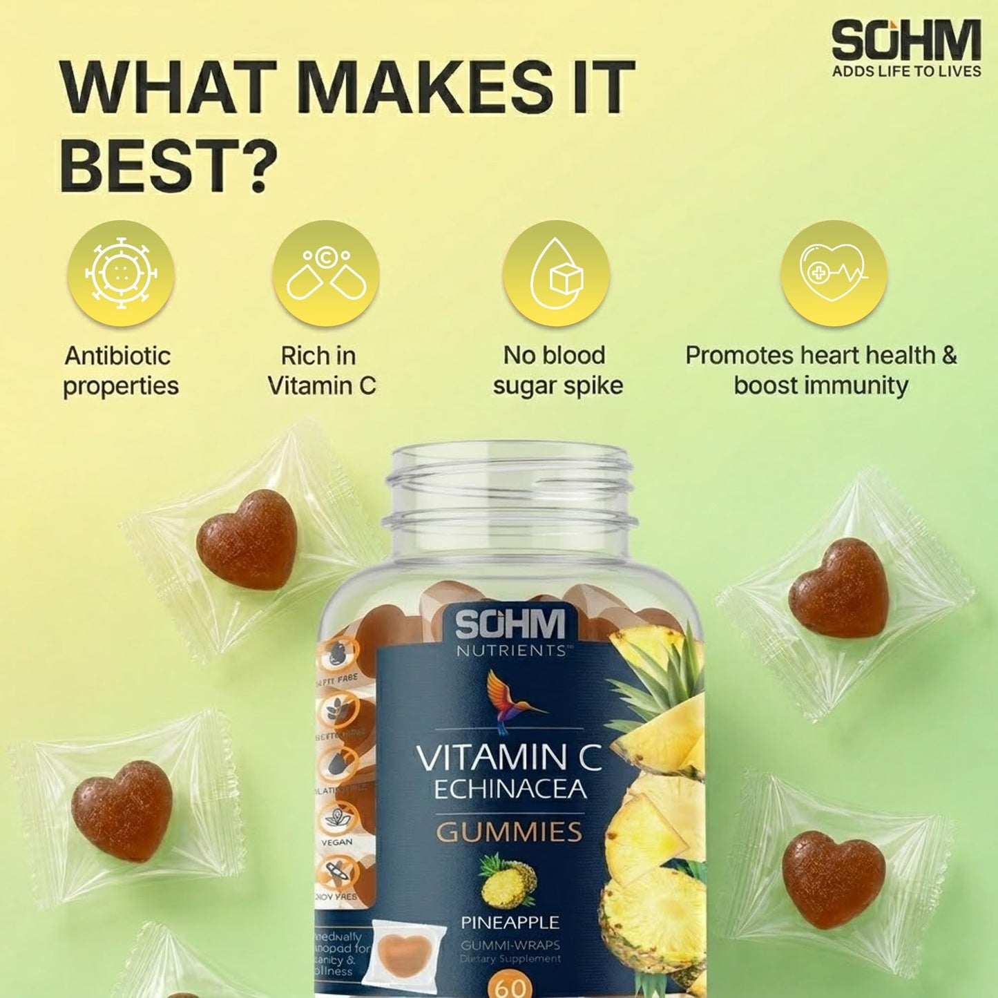 SOHM Vitamin C 60000mcg + Echinacea 10000mcg Gummies, 60 Count