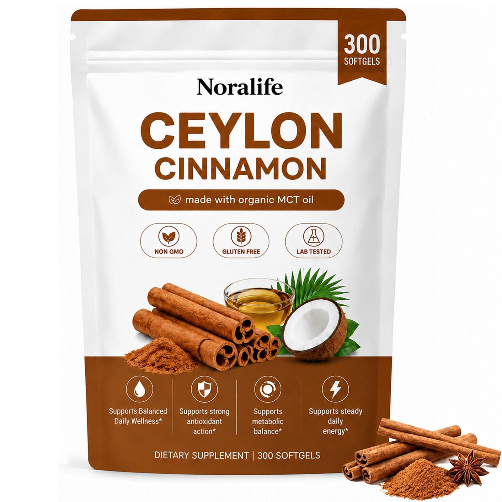 Yuki Growth Noralife Ceylon Cinnamon Premium Organic MCT Oil Capsule, 300 Count