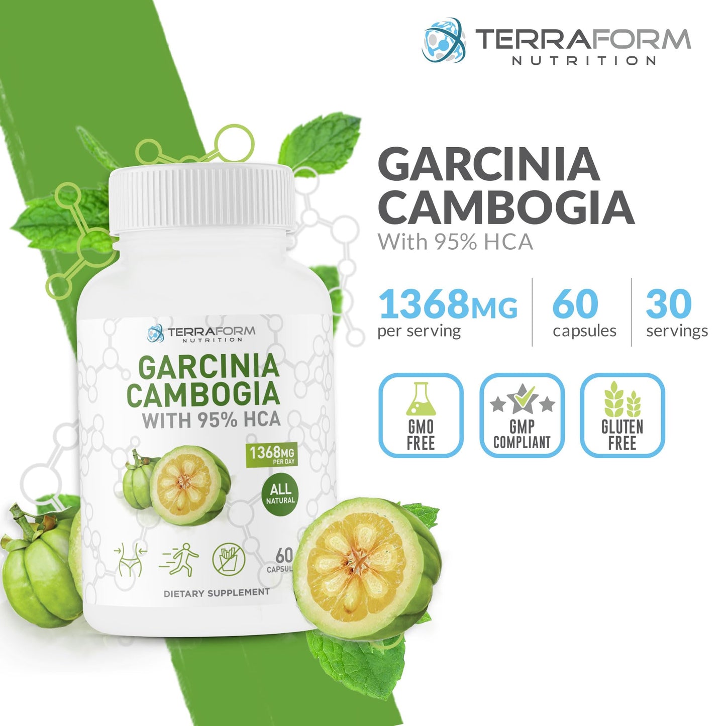 TerraForm Nutrition Garcinia Cambogia Extract 95% HCA, 1368mg Per Serving, Capsules, 30 Servings