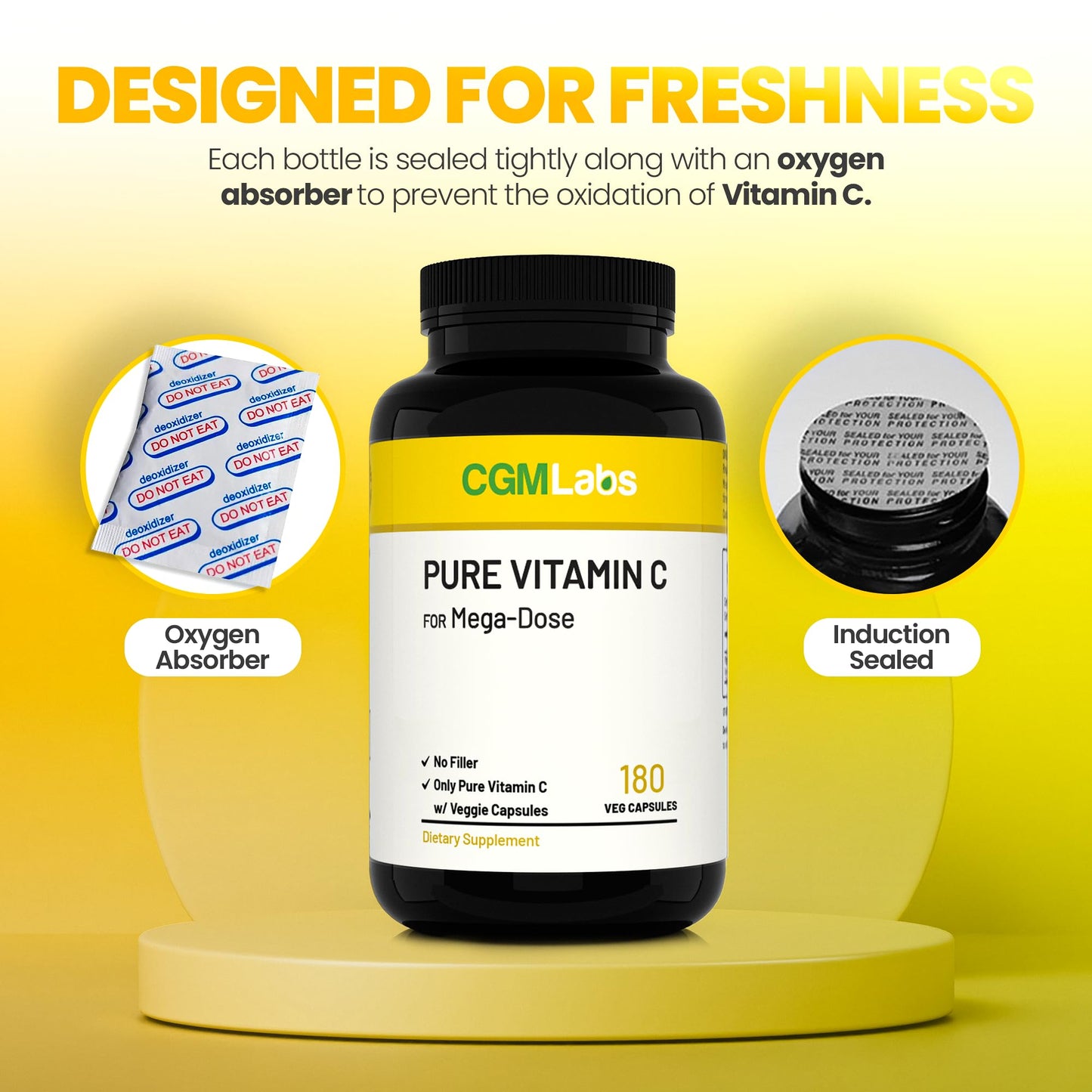 CGMLABS Mega Dose Pure Vitamin C 1000 mg Capsules, 180 Count