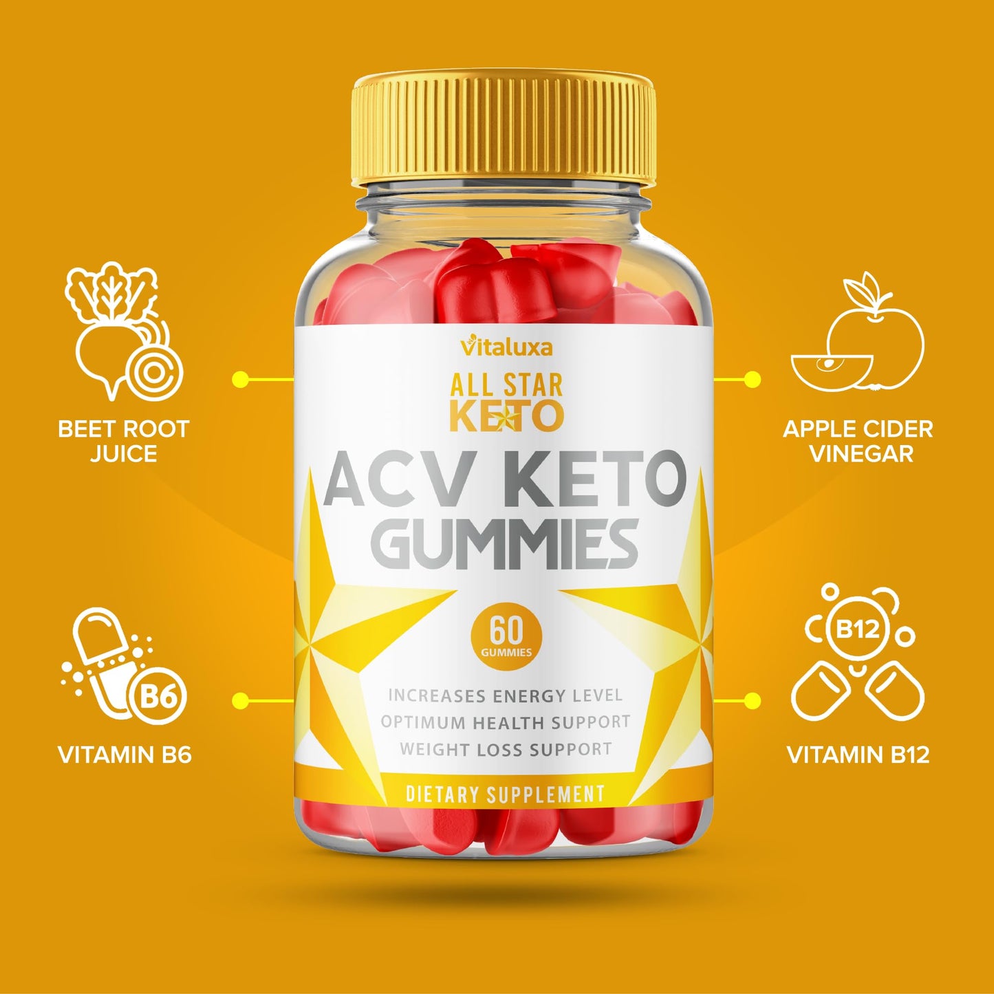 Vitaluxa All Star Keto ACV Gummies, ACV+BHB Formula, 120 Gummies
