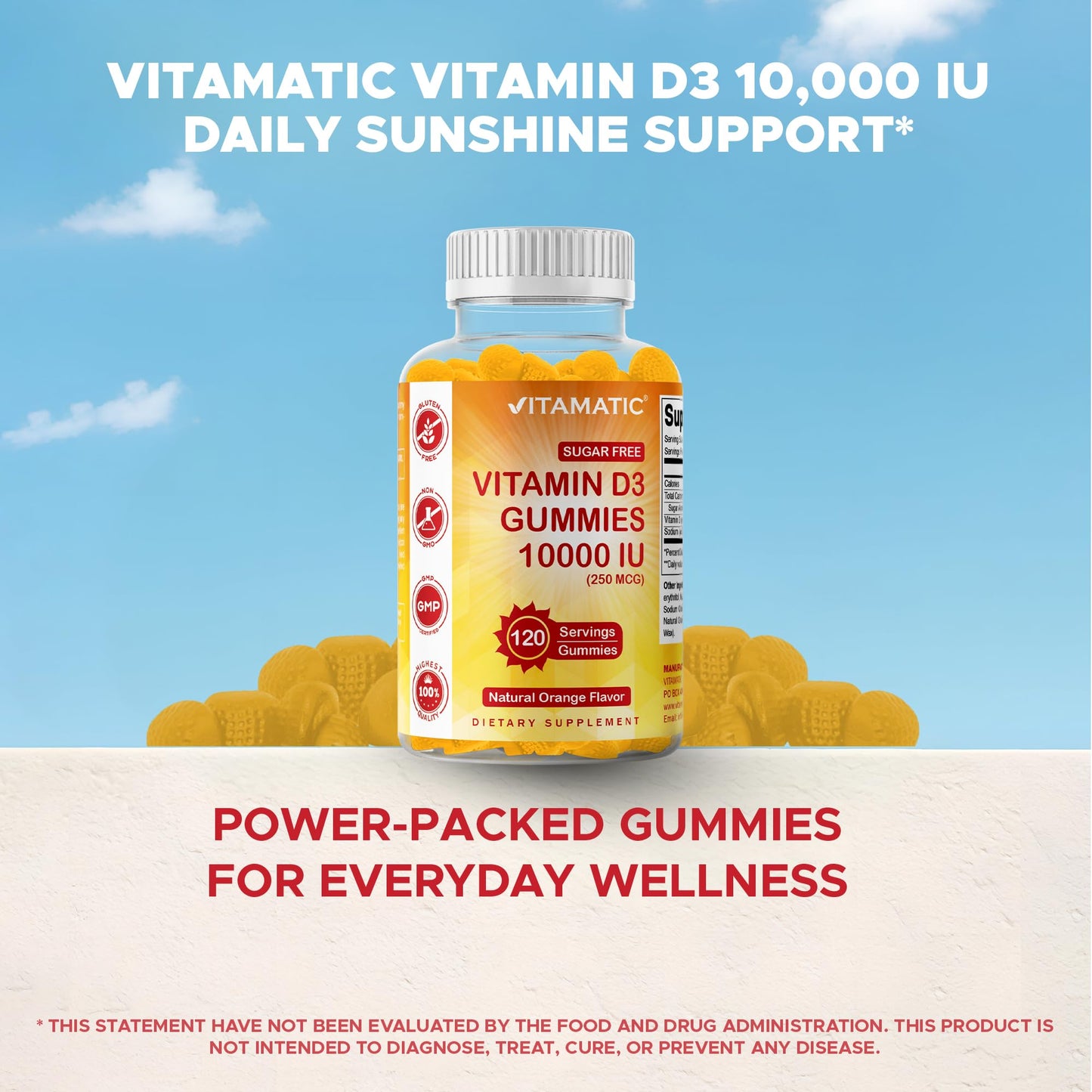 Vitamatic Sugar Free Vitamin D3 10000 IU - 120 Pectin Based Gummies, 240 Gummies