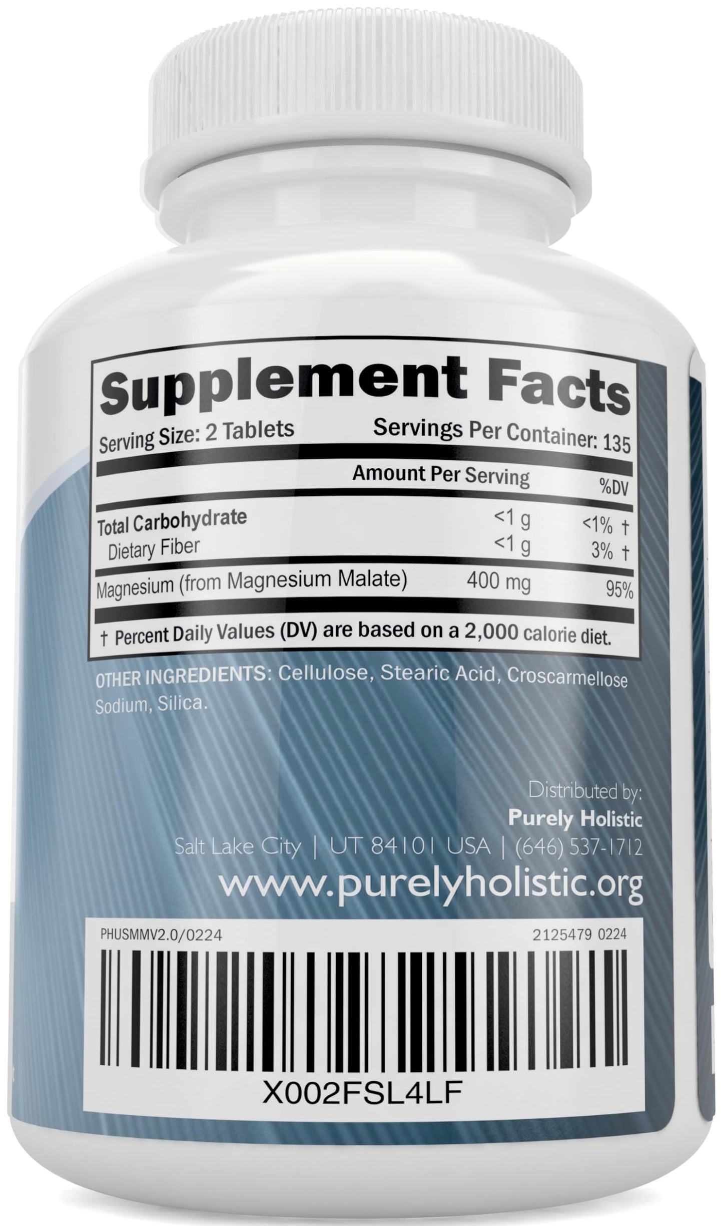 Purely Holistic Magnesium Malate 400mg Elemental Magnesium Per Serving, 270 Tablets