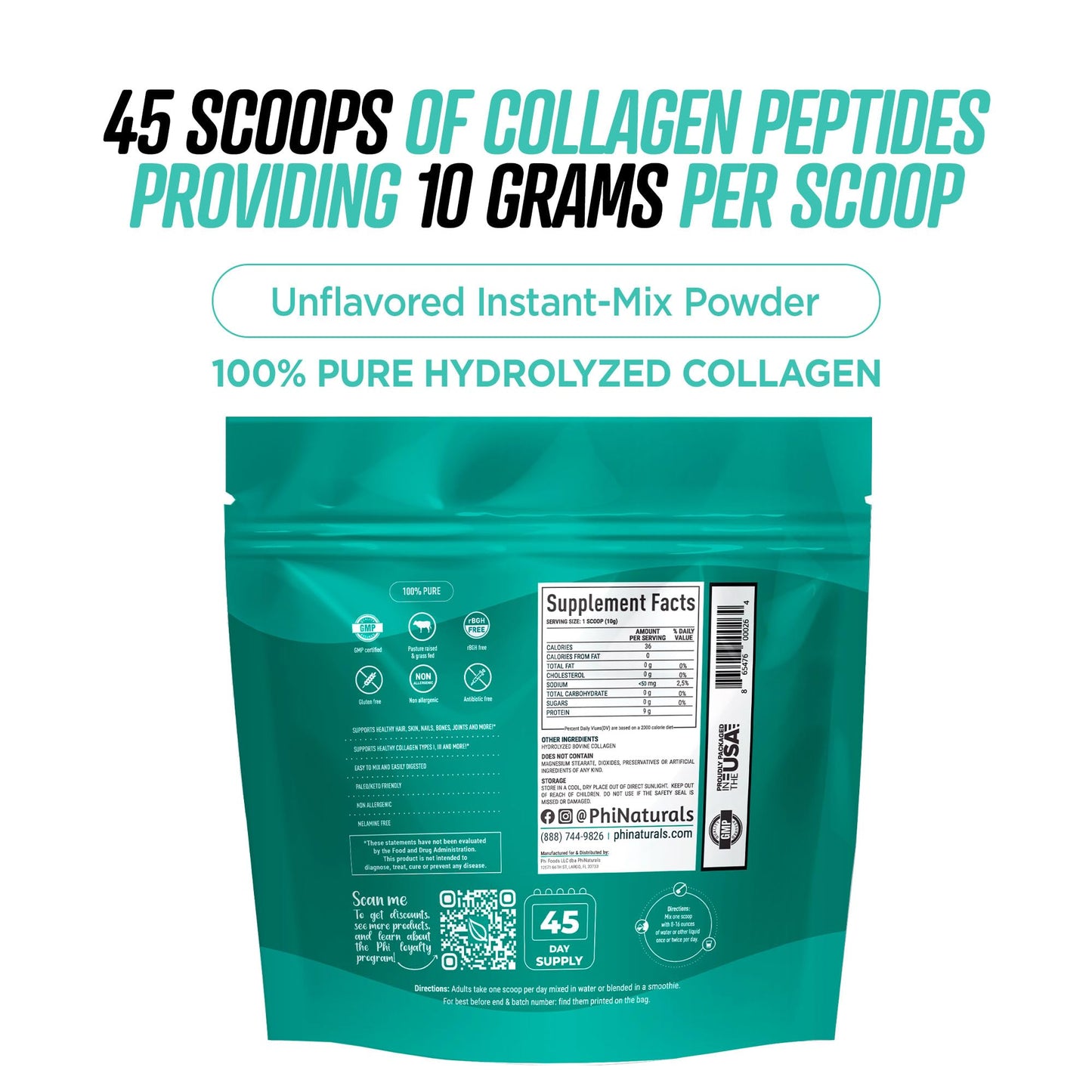 PhiNaturals Hydrolyzed Collagen Powder Supplement, 16 oz