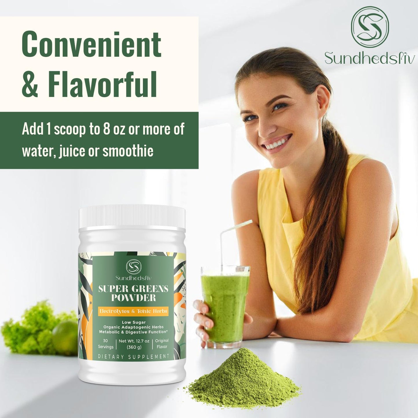 Sundhedsliv Super Greens Powder Superfood + Electrolytes & Tonic Herbs Powder 12.7 Ounce