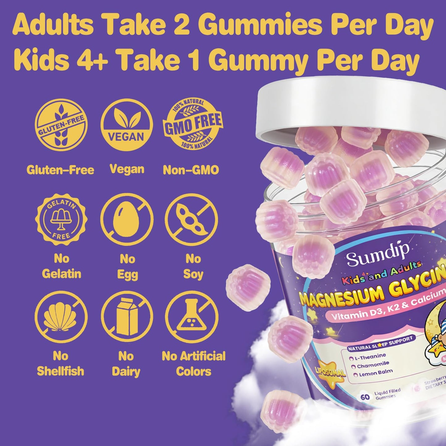 SumDIP Magnesium Glycinate Gummies, 400mg Liposomal Magnesium, 60 Count
