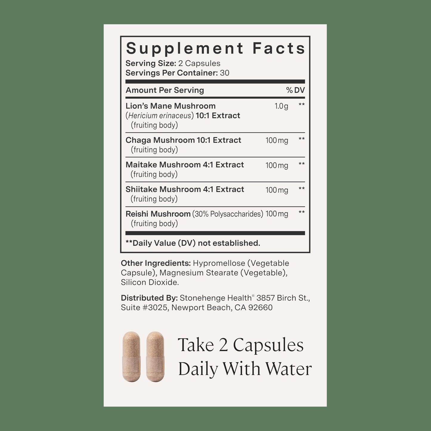 Stonehenge Dynamic Health Mushrooms 1,400 mg – 5 Mushroom Complex (Lion’s Mane, Reishi, Chaga, Maitake, Shiitake) – 100% Fruiting Bodies, Nootropic – Brain, Memory, Focus & Immune Support – 60 Caps