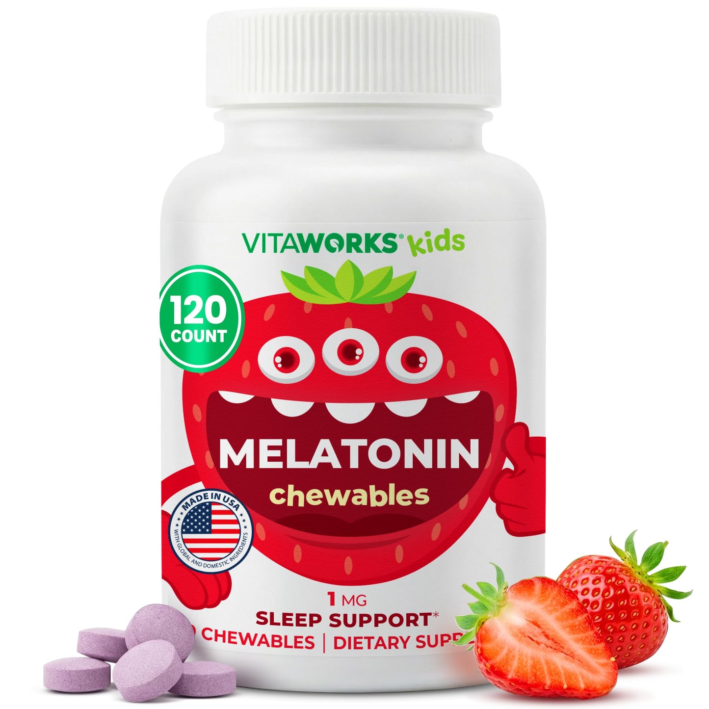 VitaWorks Kids Melatonin 1 mg Chewable Tablets, with Chamomile, L-Theanine and Lemon Balm Extract, Sleep Aid for Children, 120 Tablets