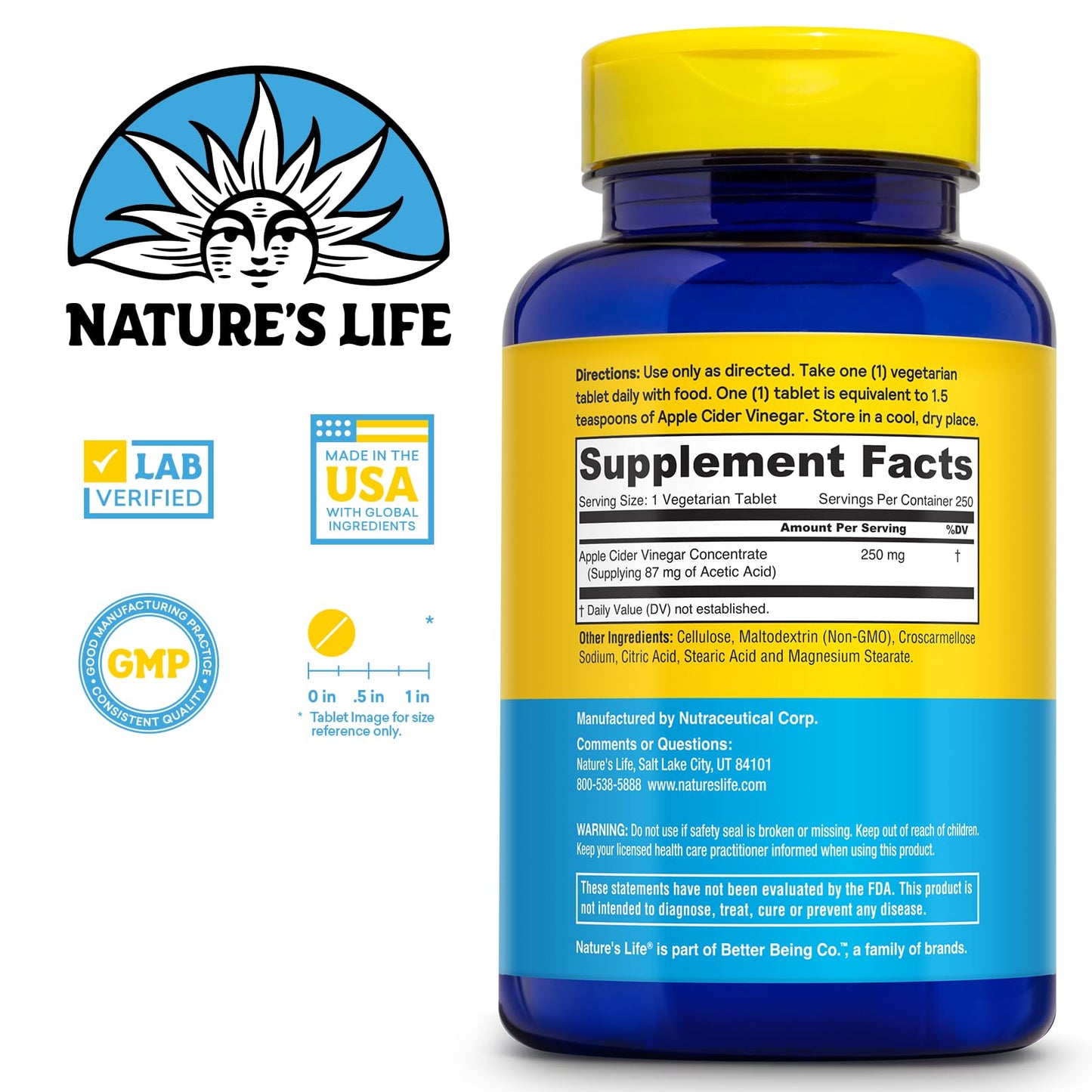Nature's Life Apple Cider Vinegar Supplements Tablets, 250 Count