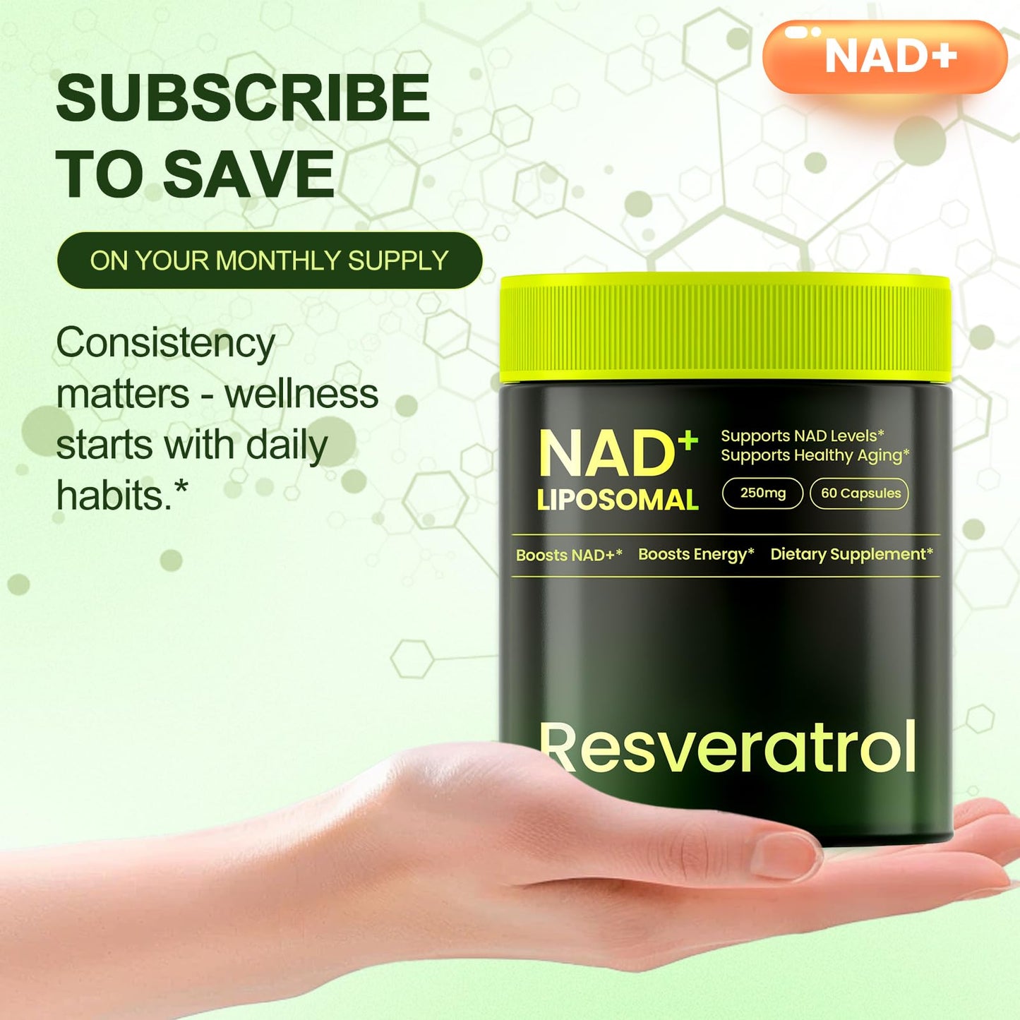 Lyndops NAD Supplement Liposomal Nicotinamide Riboside Resveratrol 250mg NMN Alternative, High Purity NAD for Women & Men, Anti-Aging, Cellular Energy, Mental Focus, 80 Capsules