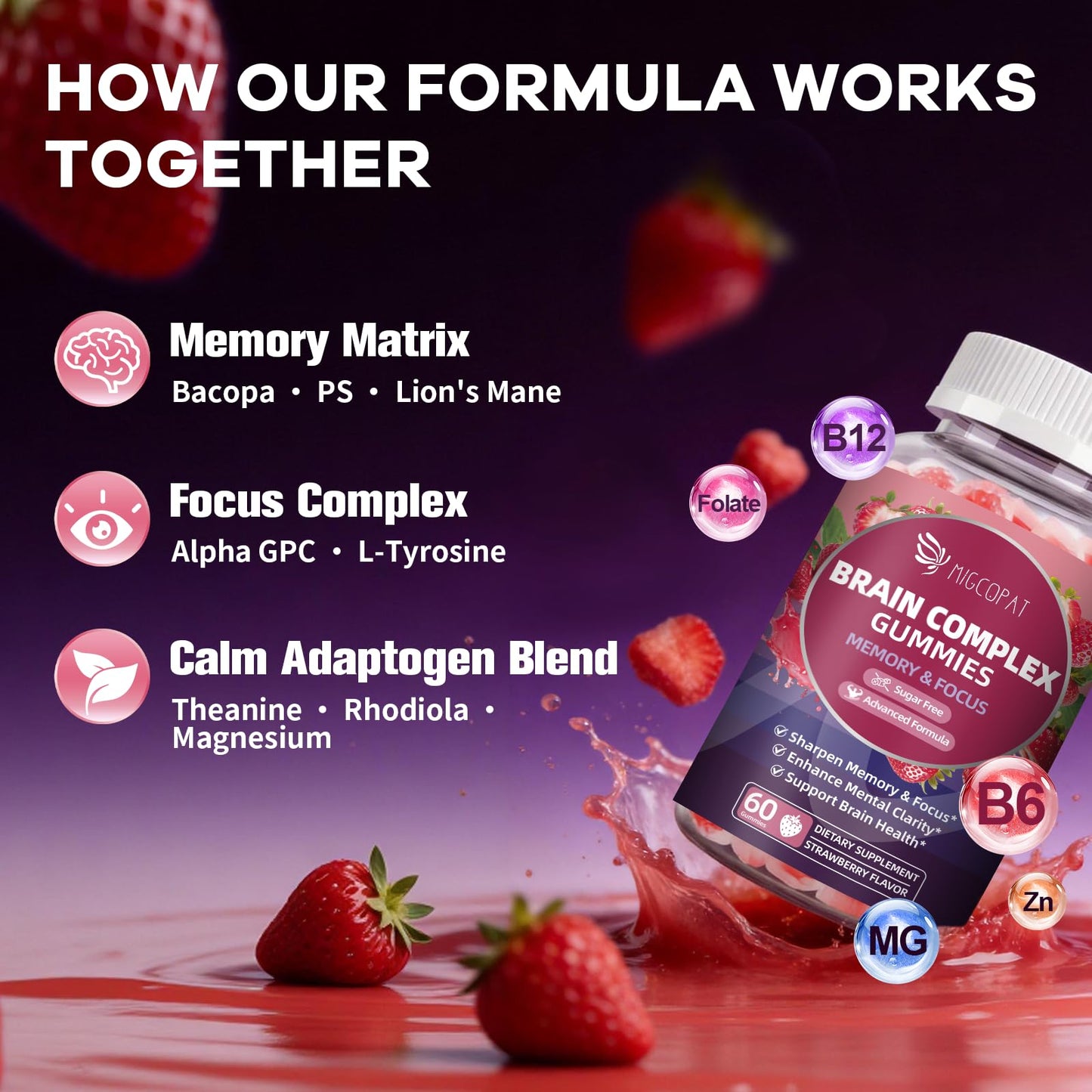 Migcopat Brain Supplements for Memory & Focus – Nootropic Gummies, 60 Count