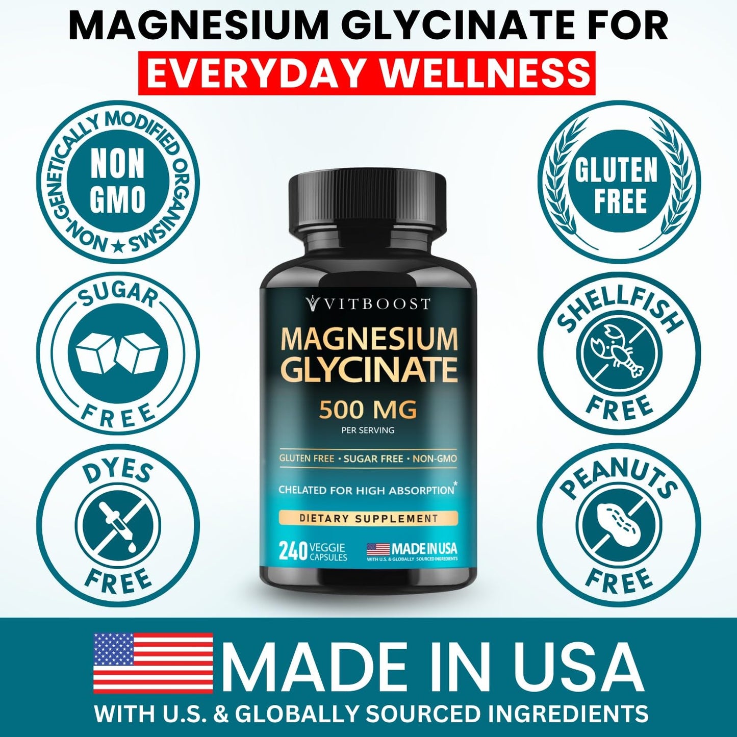 VITBOOST Magnesium Glycinate 500mg Chelate Capsules, 240 Count