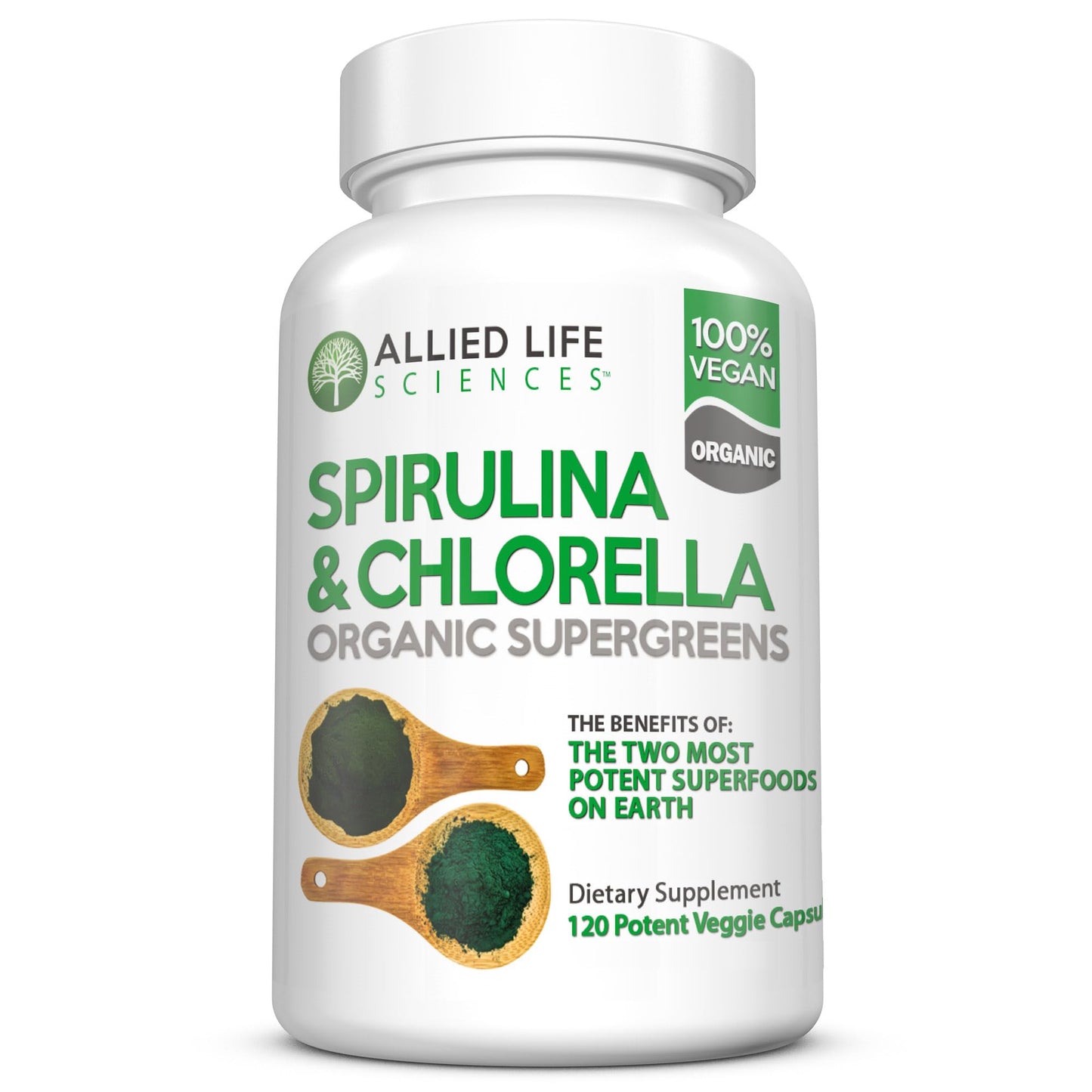 Allied Life Sciences Spirulina and Chlorella Organic Chlorophyll Vegan Protein Powder Green Superfood Capsules 120