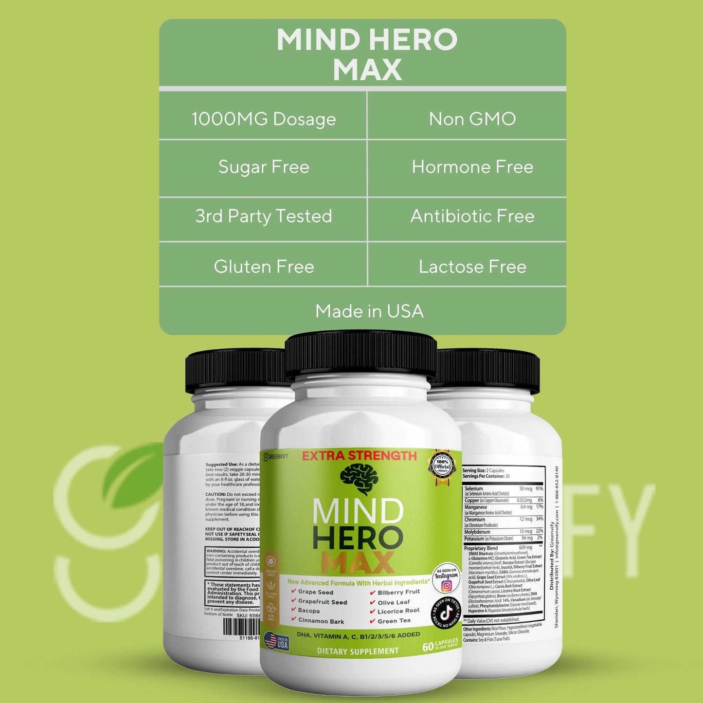 GREENVIFY Mind Hero Max Extra Strength Nootropic Supplement with Herbal Ingredients Capsules, 60 Count