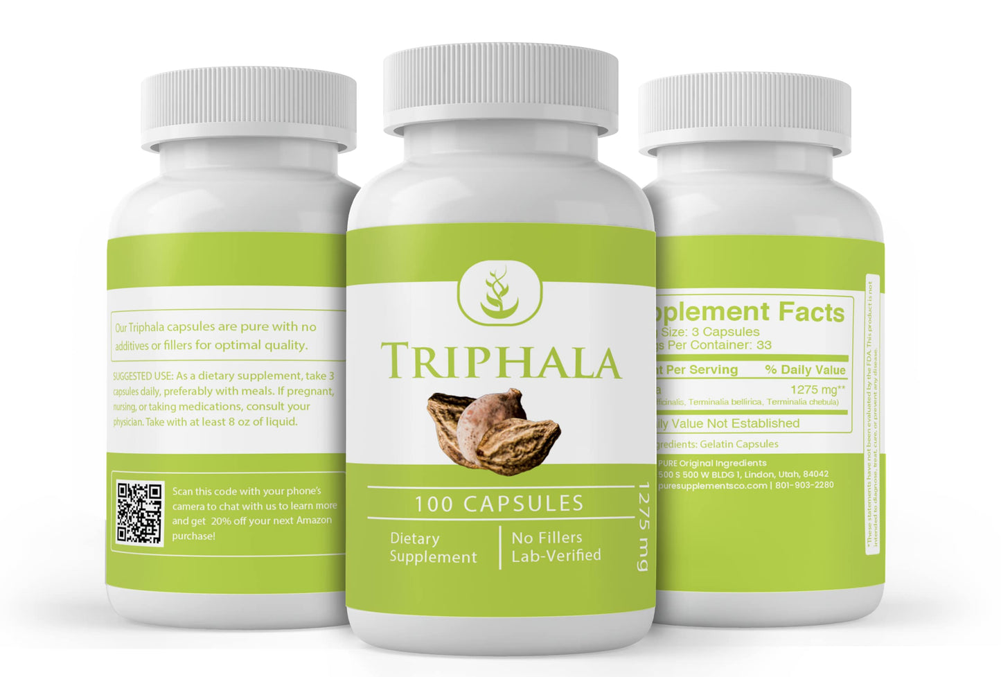 Pure Organic Ingredients Triphala Powder Capsule 100 Count