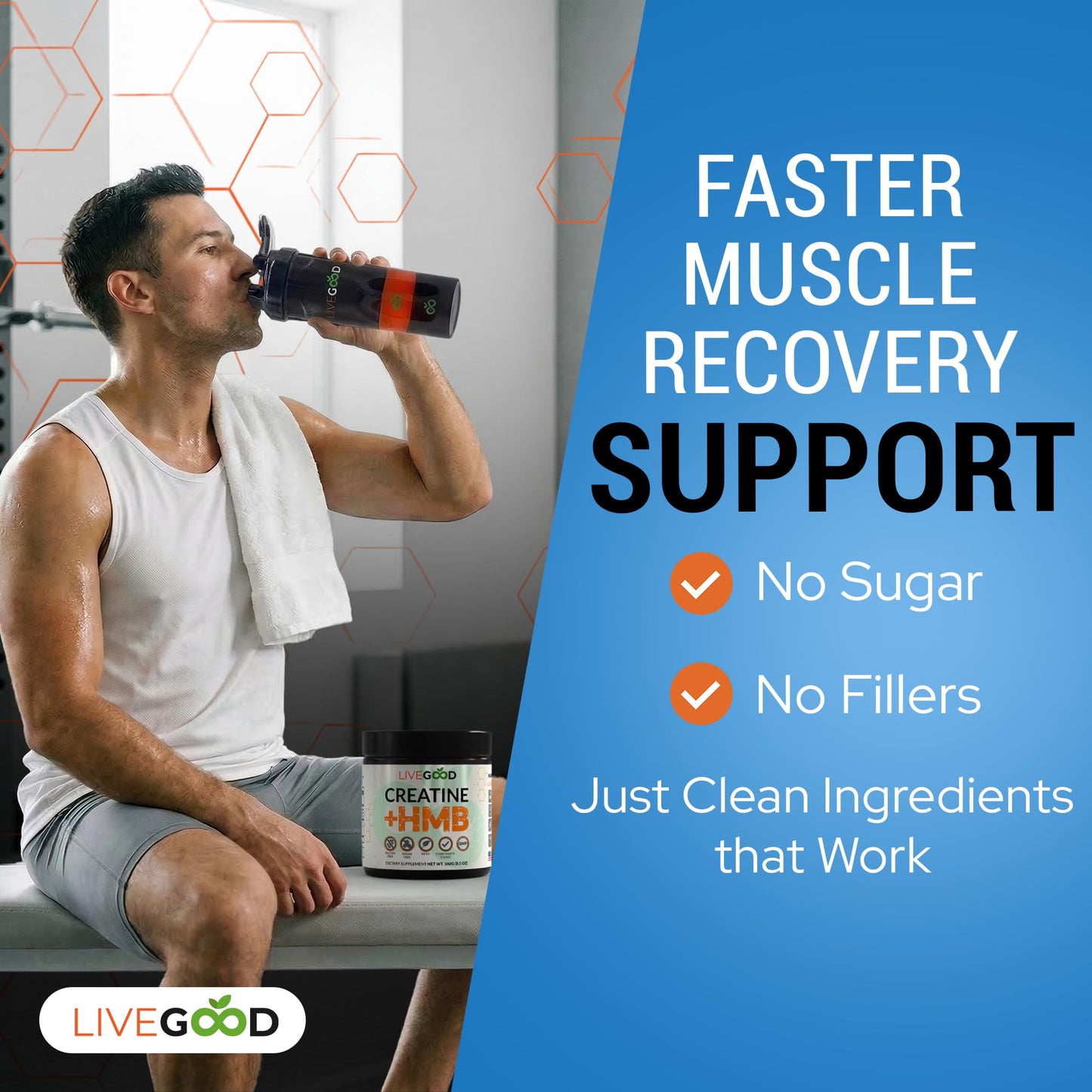 LIVEGOOD Creatine Monohydrate with HMB Powder, Unflavored, 8.5 oz