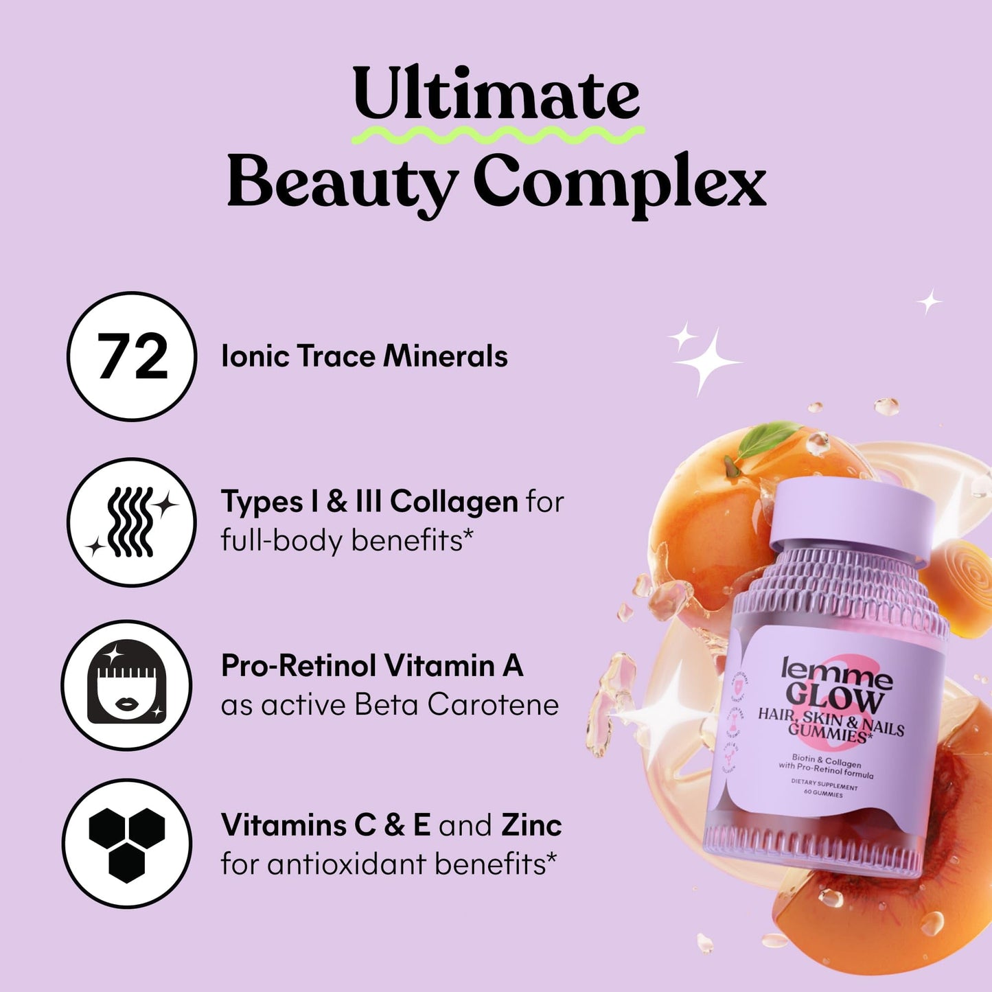 Lemme Glow Collagen Gummies for Thick Hair, Strong Nails & Healthy Skin with Multi-Collagen Peptides, Biotin, Trace Minerals, Zinc, Vitamins A, C & E, 60 Gummies