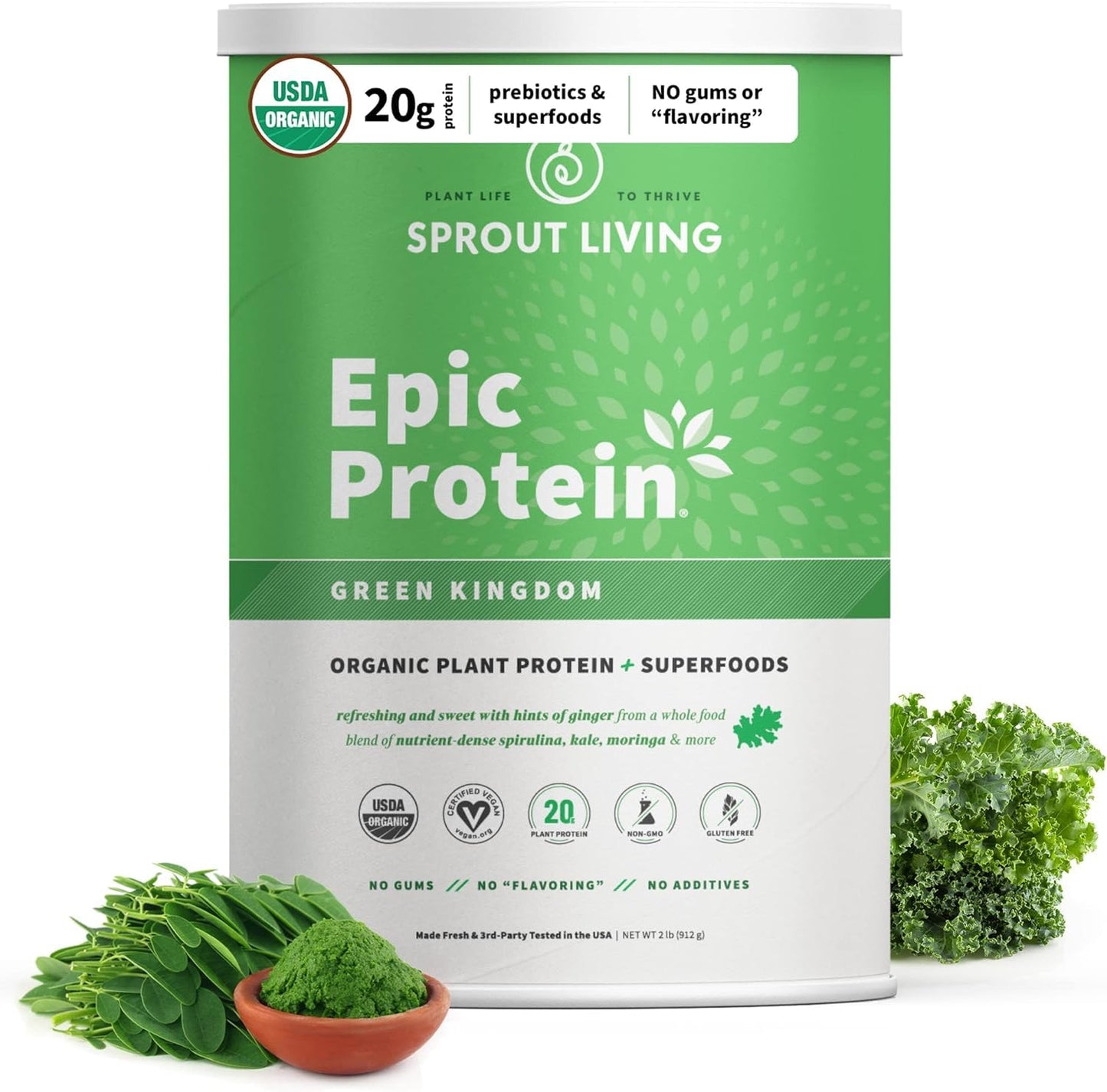 Sprout Living Epic Protein, Plant Based Protein & Superfoods Powder, Green Kingdom, 32 Servings