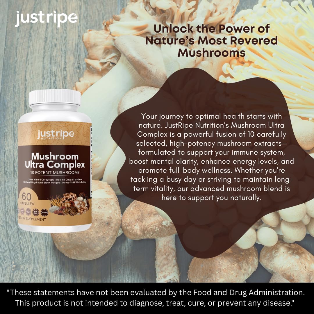 Just Ripe Nutrition Mushroom Ultra Complex Reishi, Cordyceps, Lions Mane & Shiitake Immune System Booster & Nootropic Brain Supplement - Enhance Memory and Focus - Stress Relief 60 Capsules